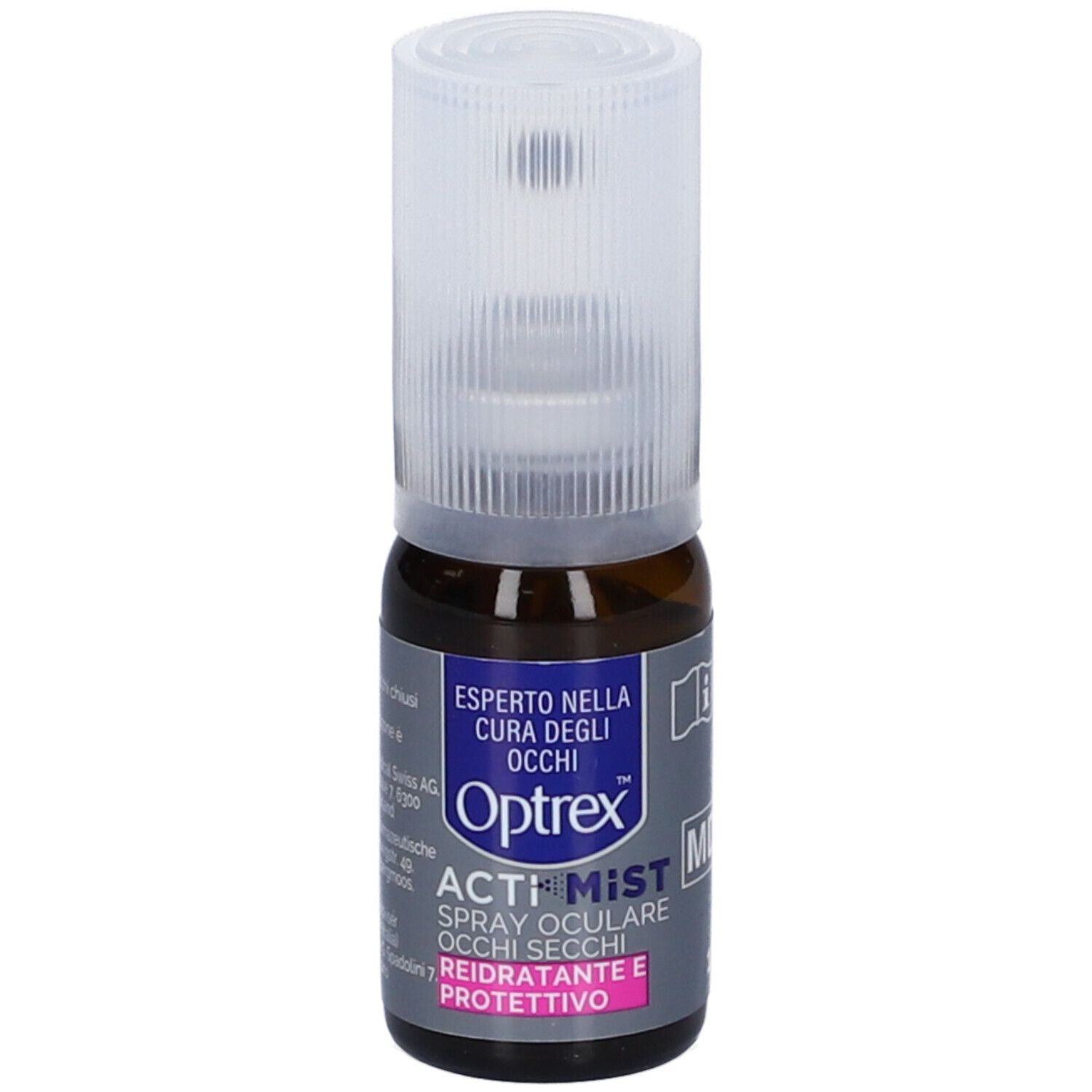 Verpackung von Optrex ActiMist Spray 2in1. Enthält 10ml. Aufschrift: Augen, trocken und müde. Rehydrierend und schützend.