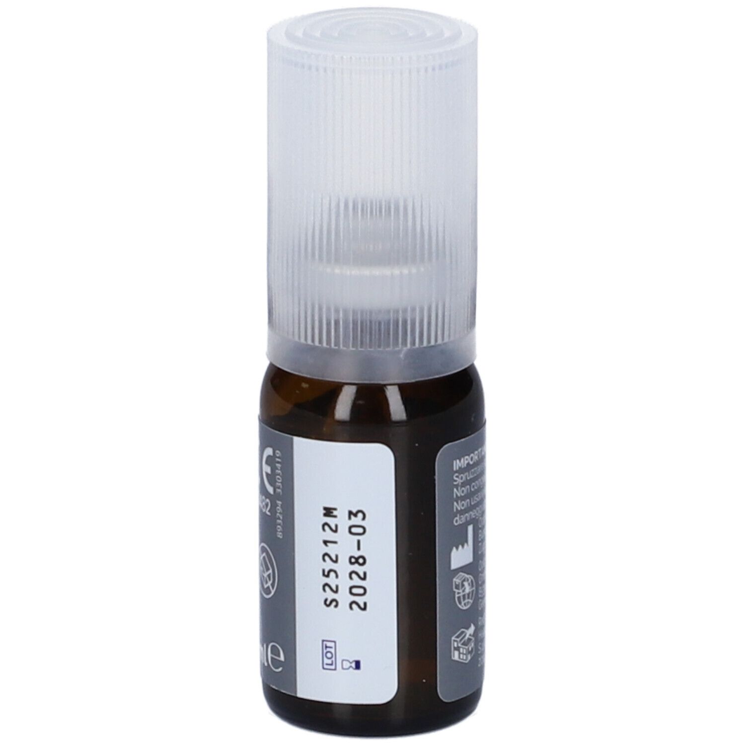 Braune Glasflasche mit Sprühkopf. Aufschrift: Optrex ActiMist Spray. Für trockene Augen. Mit weißem Deckel.