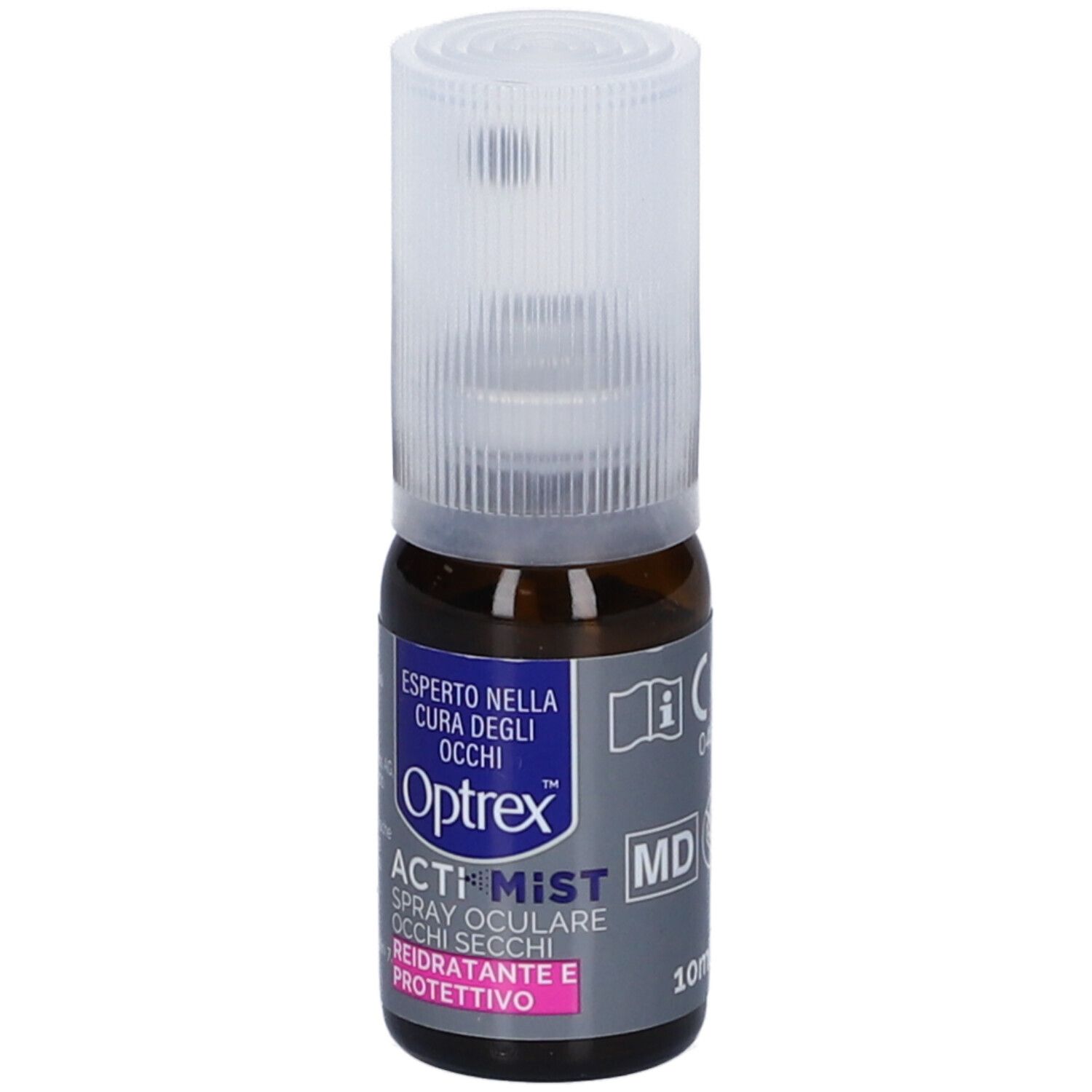 Braune Glasflasche mit Sprühkopf. Aufschrift: Optrex ActiMist Spray. Für trockene Augen. Mit weißem Deckel.