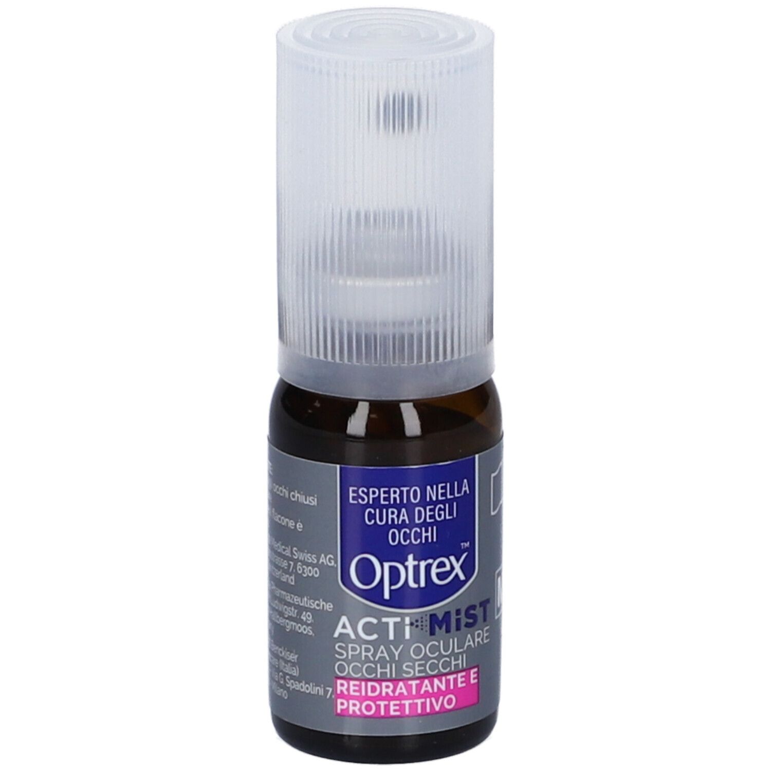 Braune Glasflasche mit Sprühkopf. Aufschrift: Optrex ActiMist Spray. Für trockene Augen. Mit weißem Deckel.