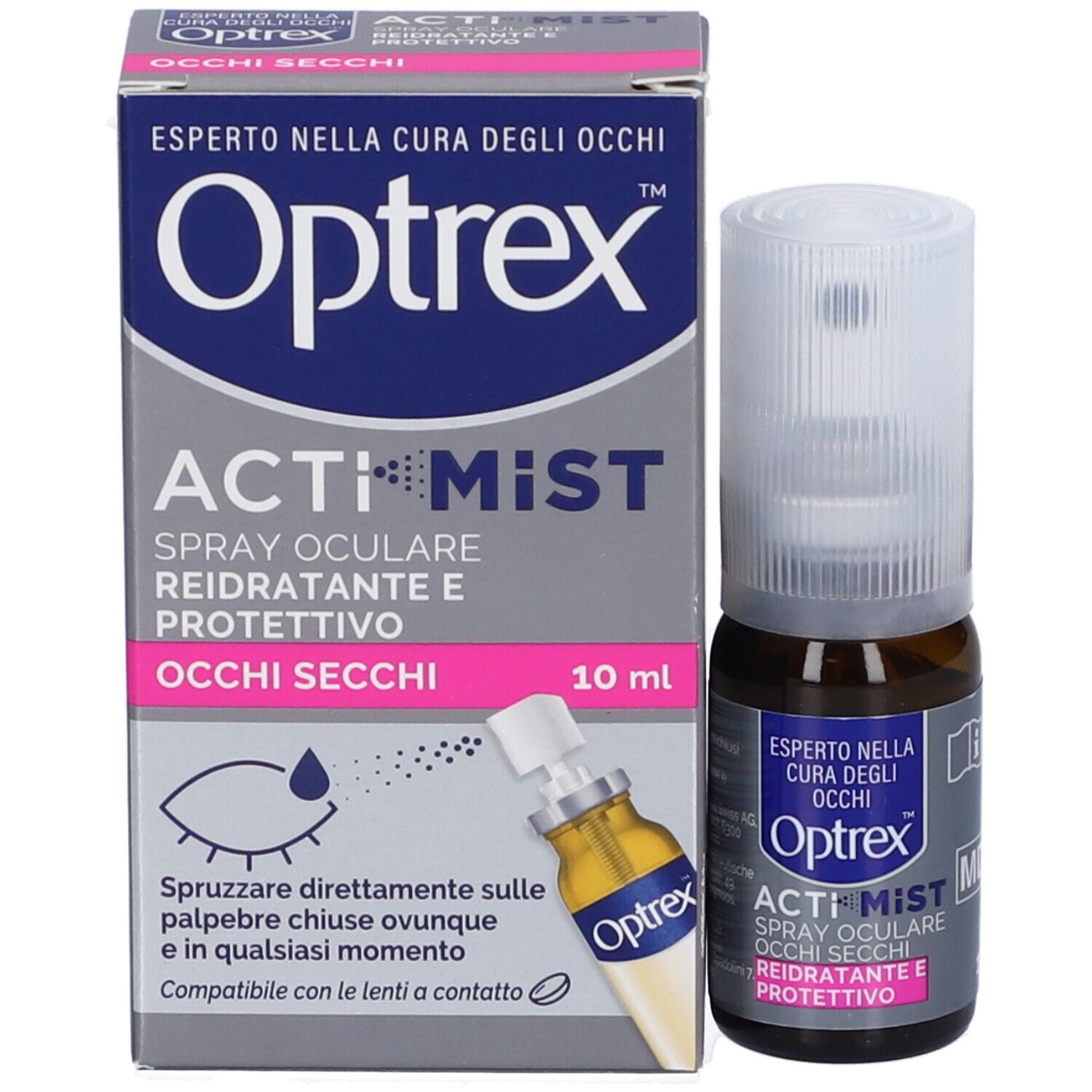 Optrex ActiMist Spray und Verpackung. Flasche mit Sprühkopf. Aufschrift: Augen, trocken und müde. Rehydrierend und schützend. 10 ml.