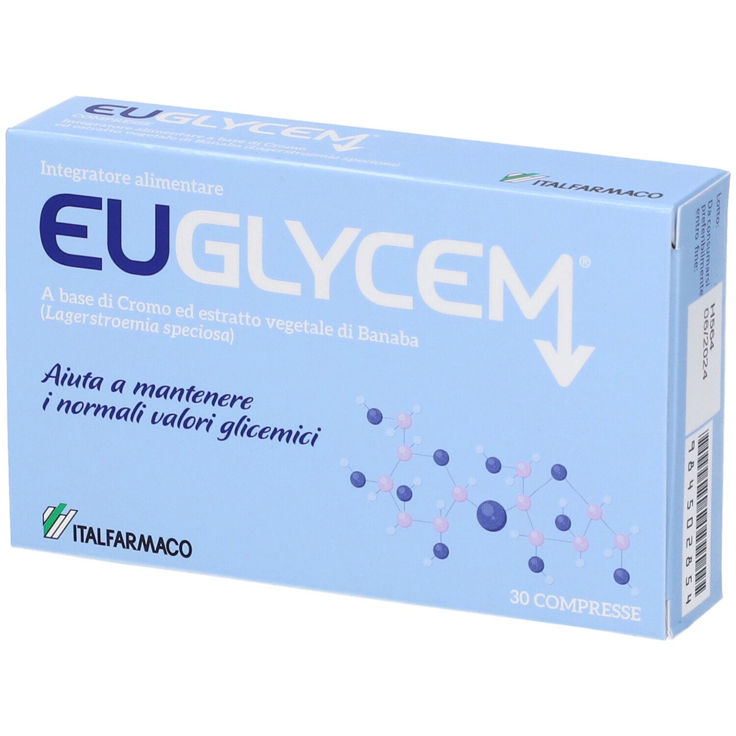 Scatola azzurra con logo "EUGLYCEM" e testo. Contiene 30 compresse. Marchio: ITALFARMACO.