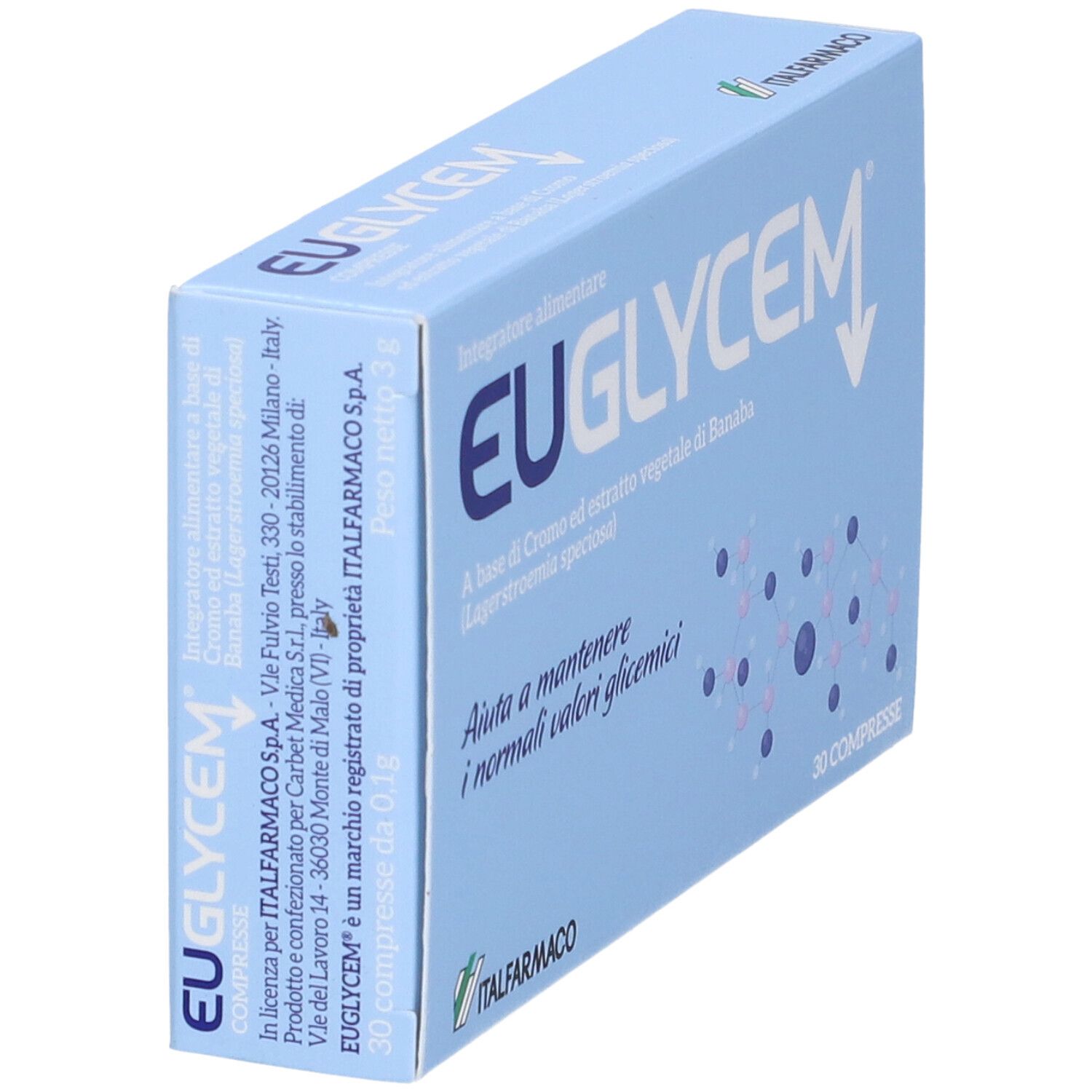 Scatola azzurra in diagonale, con logo "EUGLYCEM" e testo. Contiene 30 compresse. Marchio: ITALFARMACO.