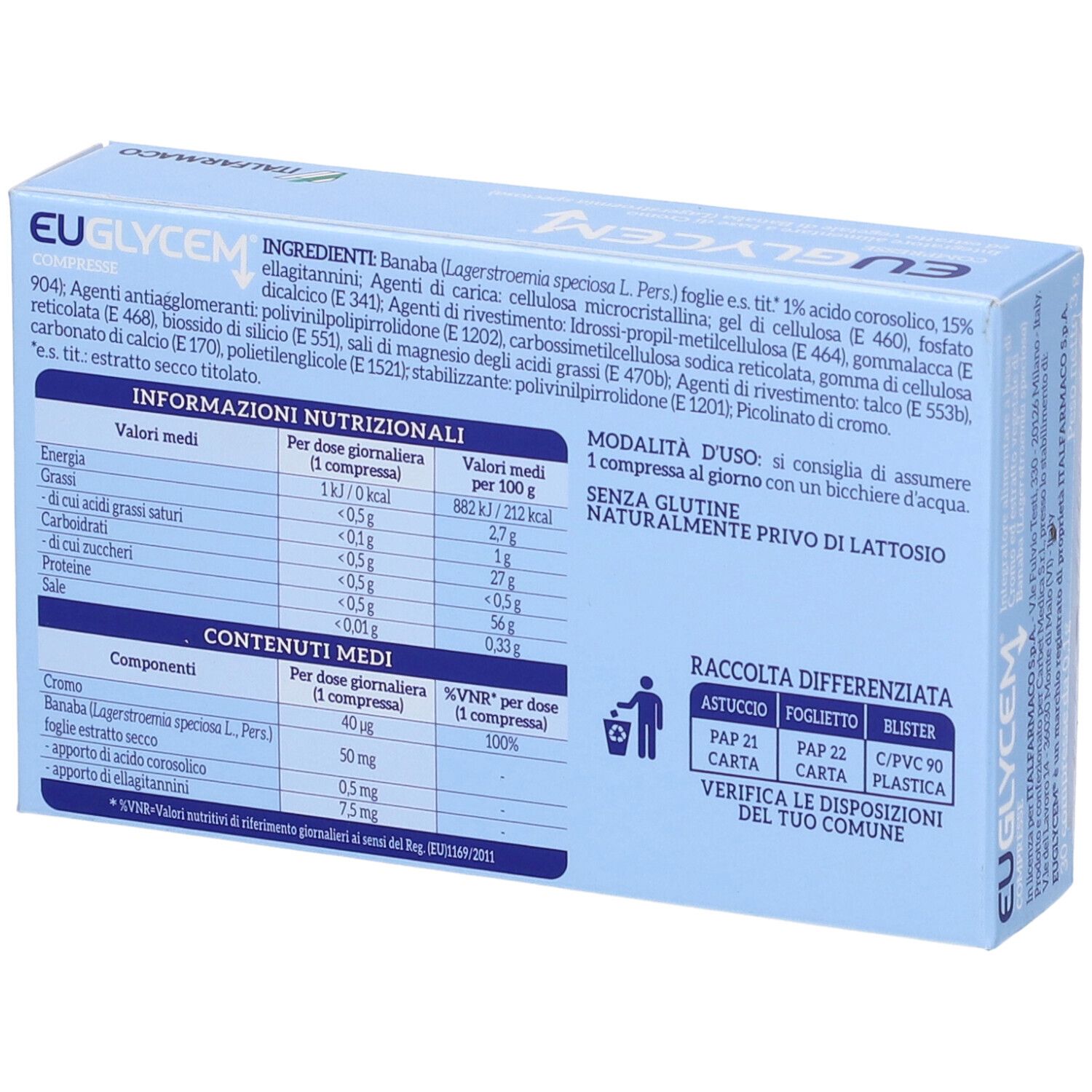 Retro di una scatola azzurra con testo e informazioni nutrizionali. Contiene 30 compresse. Marchio: ITALFARMACO.
