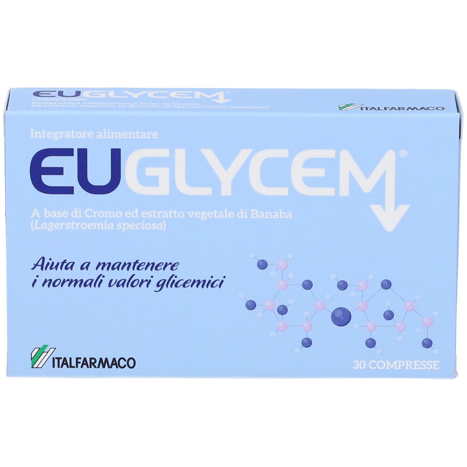 Scatola azzurra con logo "EUGLYCEM" e testo. Contiene 30 compresse. Marchio: ITALFARMACO.