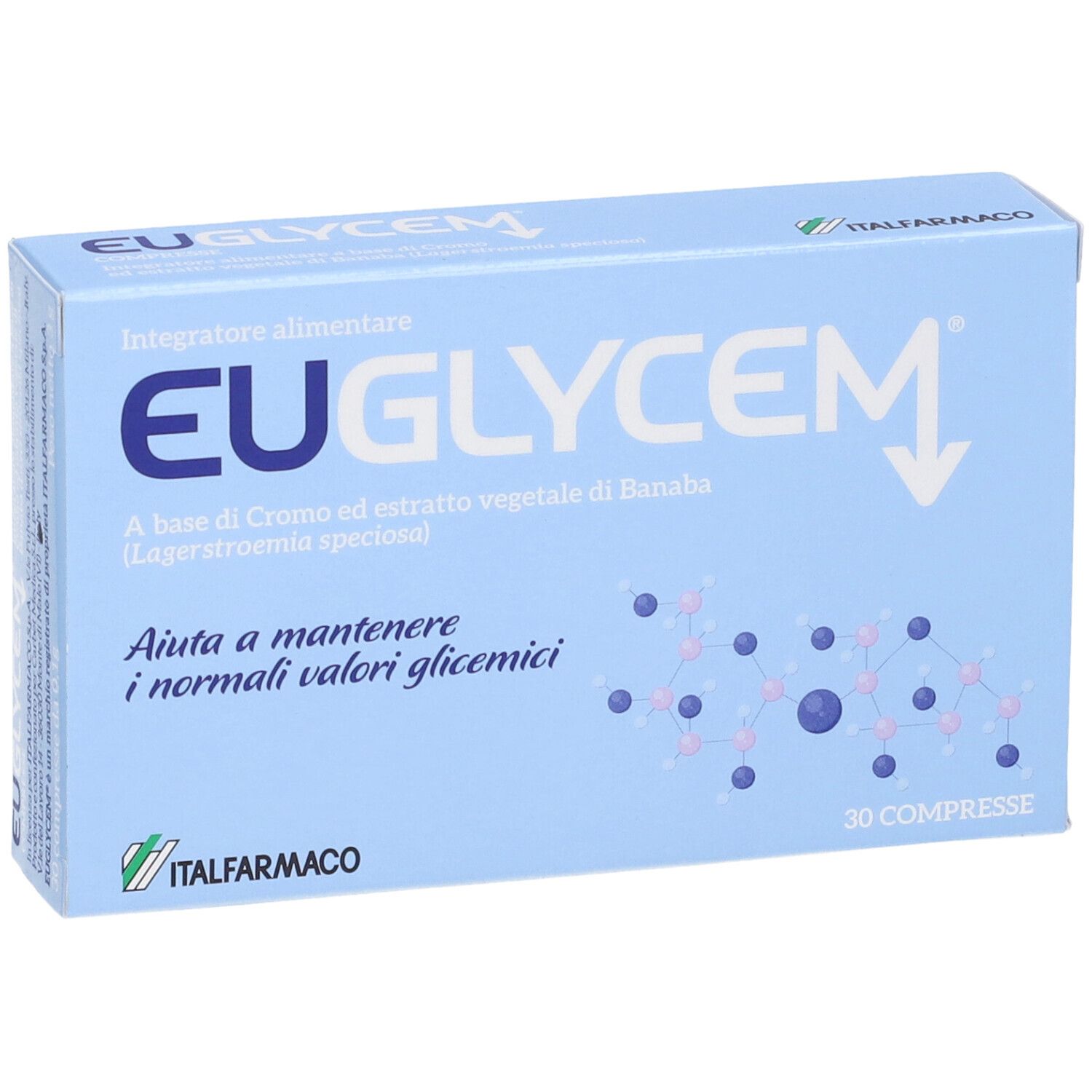 Scatola azzurra con logo "EUGLYCEM" e testo. Contiene 30 compresse. Marchio: ITALFARMACO.