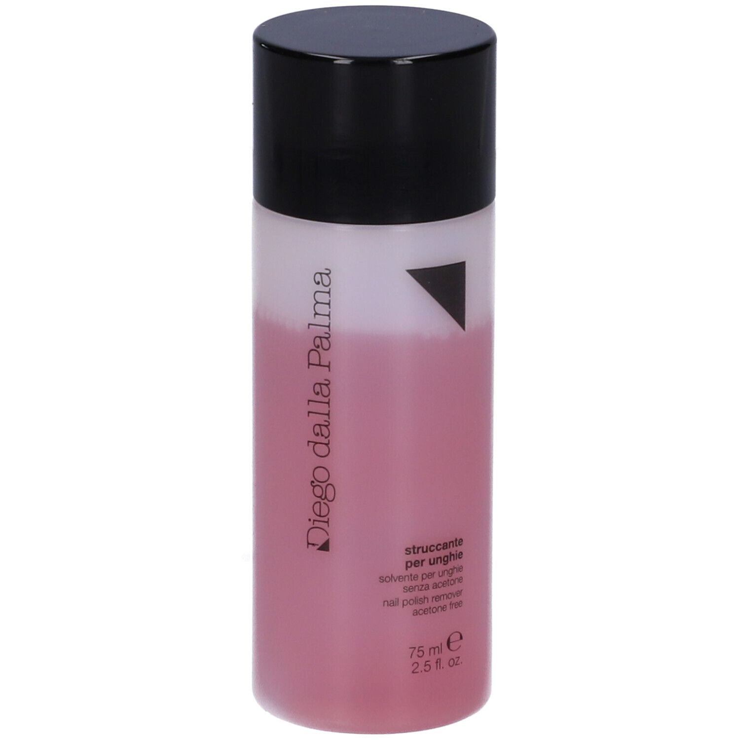 Flacone di solvente per unghie Diego dalla Palma. Tappo nero, liquido rosa. Scritto: Struccante per unghie, senza acetone.