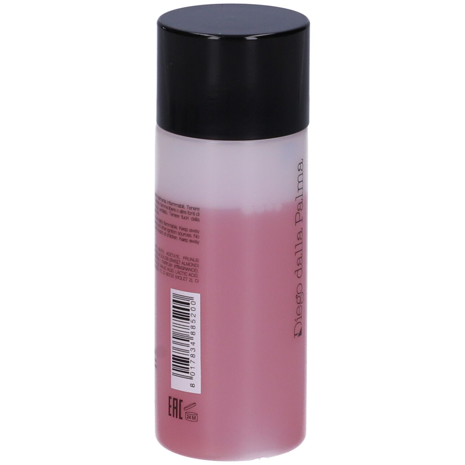 Retro del flacone di solvente per unghie. Marca Diego dalla Palma. Codice a barre, testo. Liquido rosa visibile.