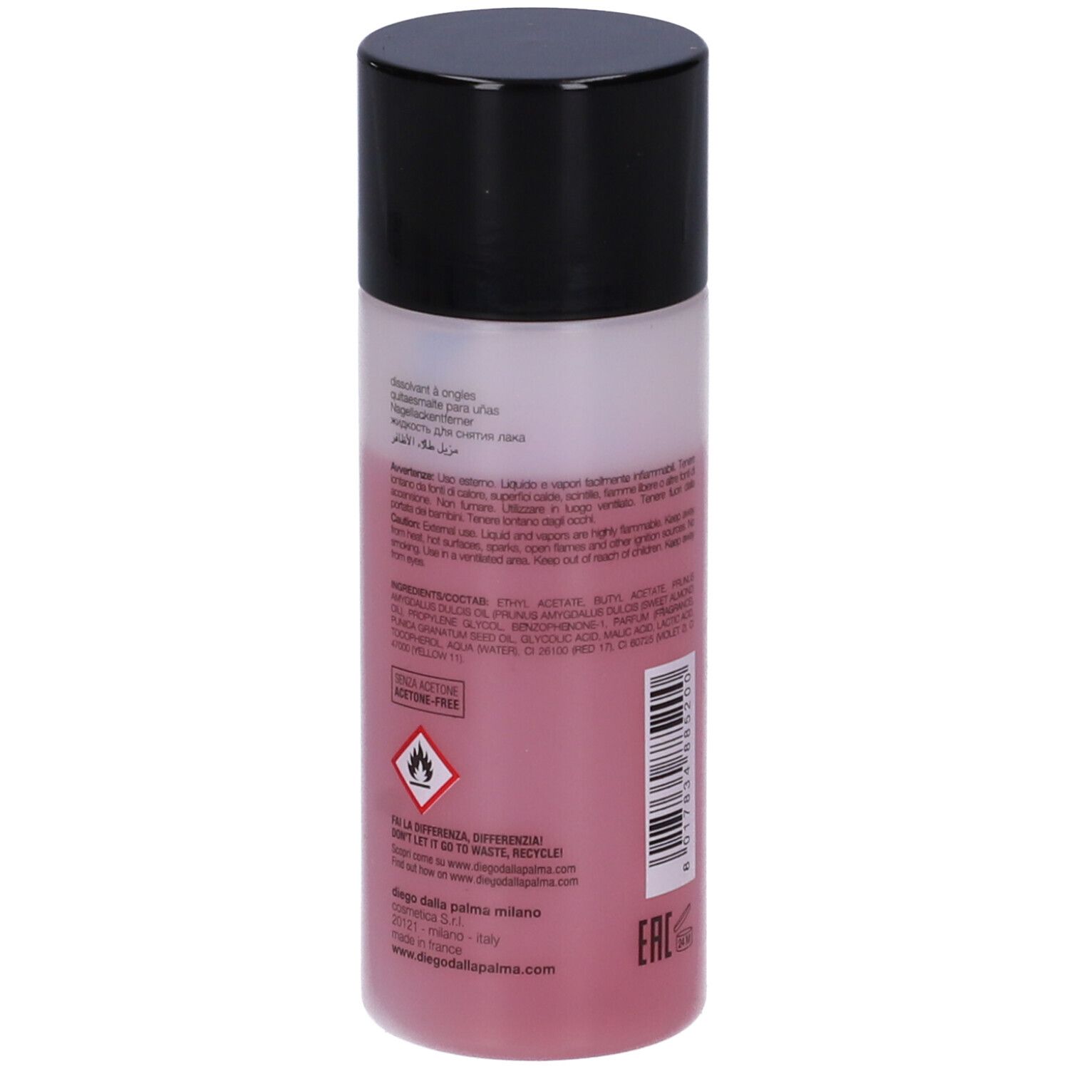 Retro del flacone di solvente per unghie. Marca Diego dalla Palma. Testo, ingredienti, avvertenze. Liquido rosa.