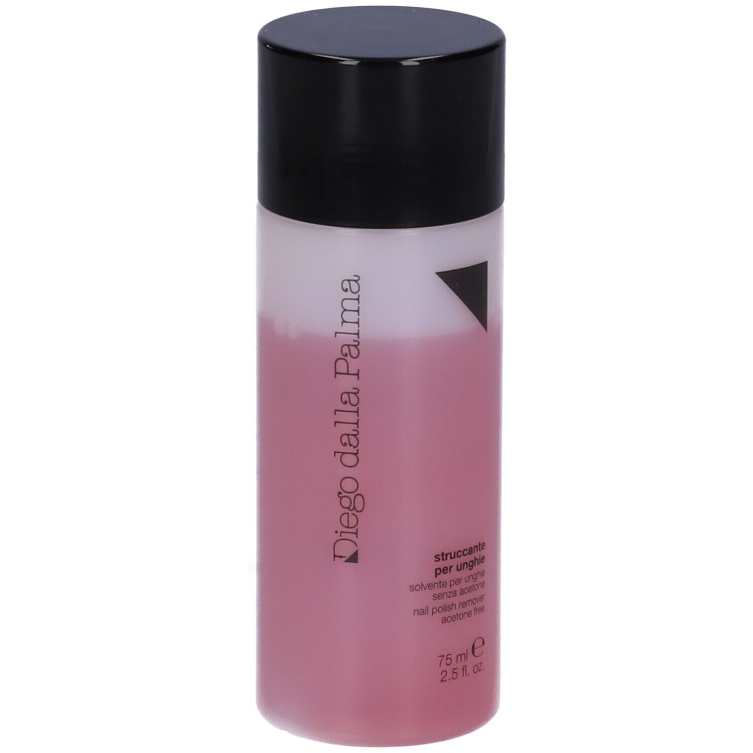 Flacone di solvente per unghie Diego dalla Palma. Tappo nero, liquido rosa. Scritto: Struccante per unghie, senza acetone.