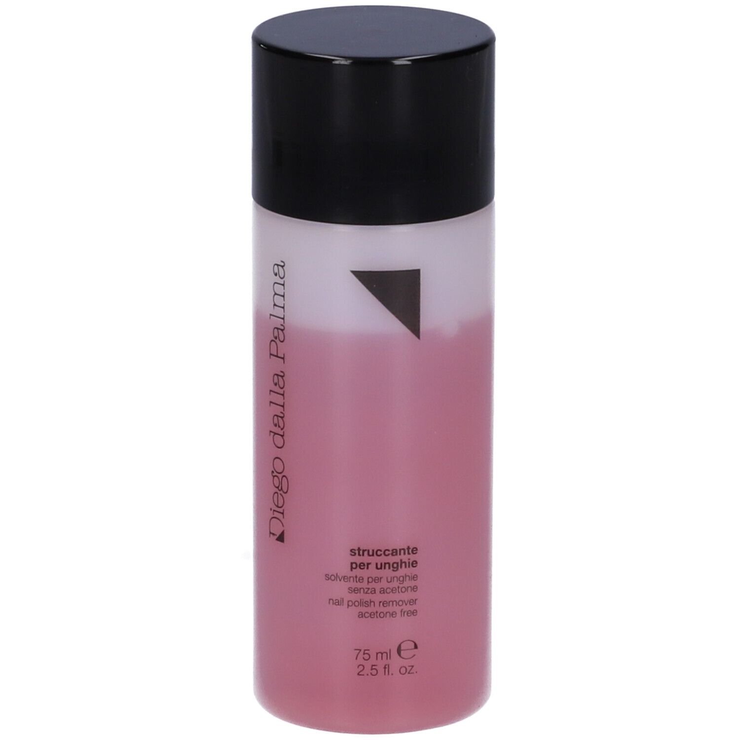 Flacone di solvente per unghie Diego dalla Palma. Tappo nero, liquido rosa. Scritto: Struccante per unghie, senza acetone.