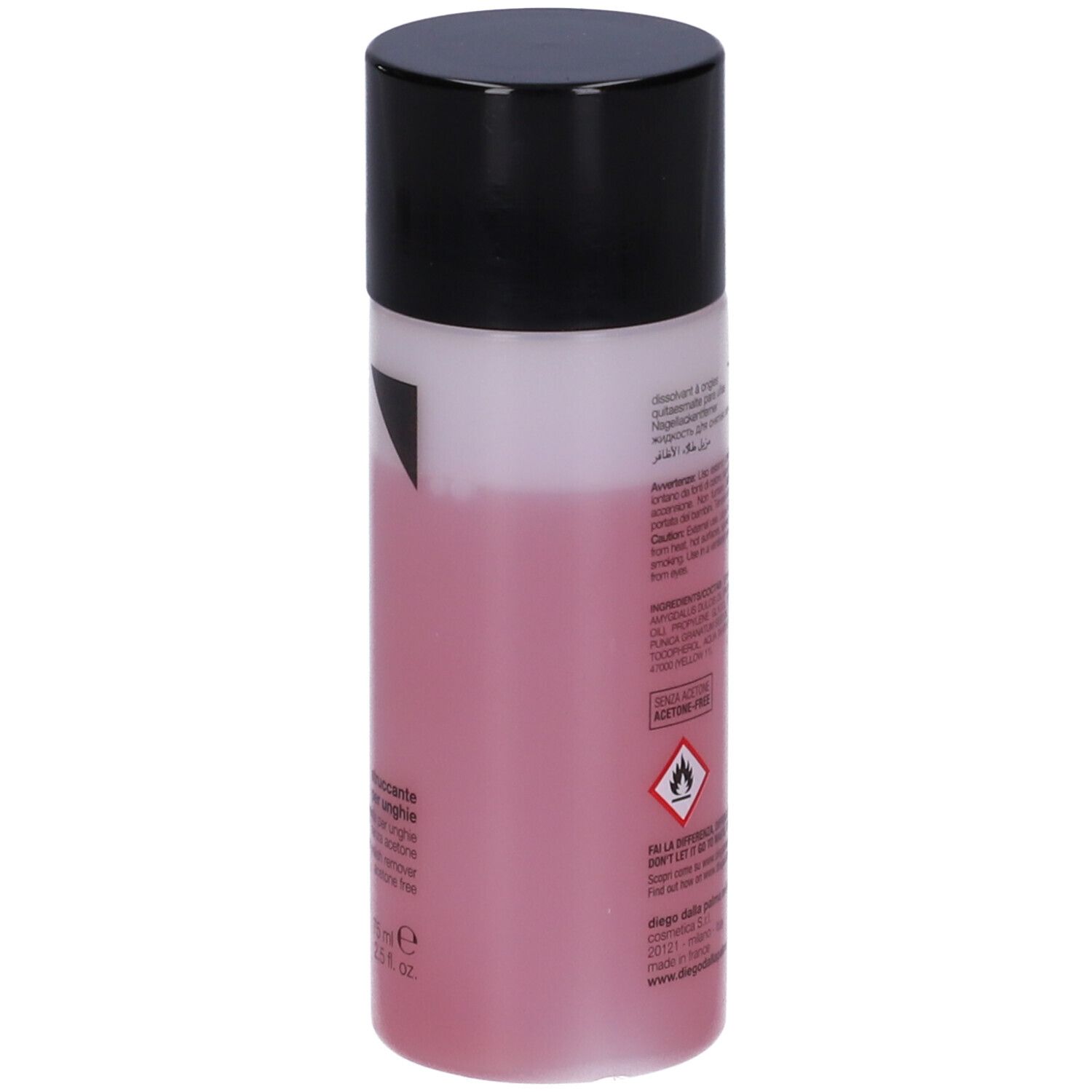 Flacone di solvente per unghie Diego dalla Palma. Tappo nero, liquido rosa. Testo, avvertenze.