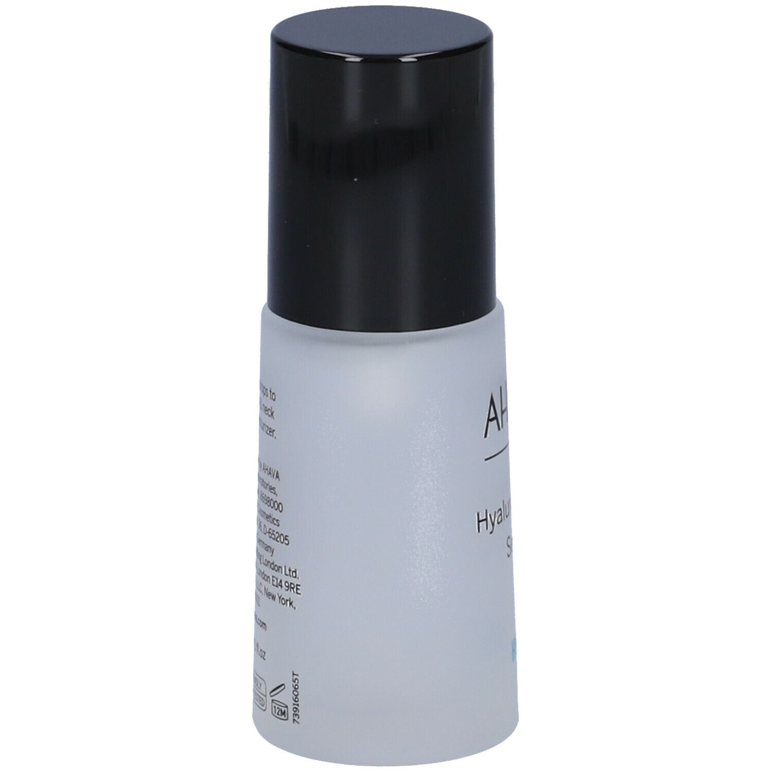 Flacone cilindrico con tappo nero. Scritta: AHAVA Hyaluronic Acid Serum.