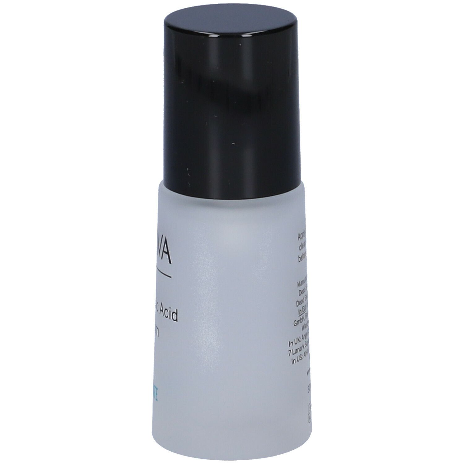 Flacone con tappo nero. Scritta: AHAVA Hyaluronic Acid Serum. Dettagli sul flacone.