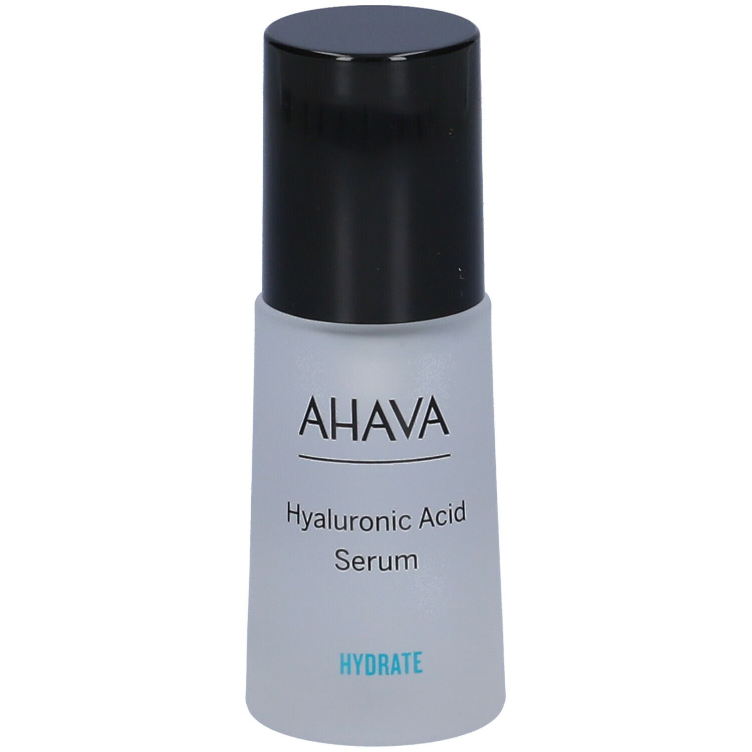 Flacone con tappo nero. Scritta: AHAVA Hyaluronic Acid Serum. Sottotitolo: HYDRATE.