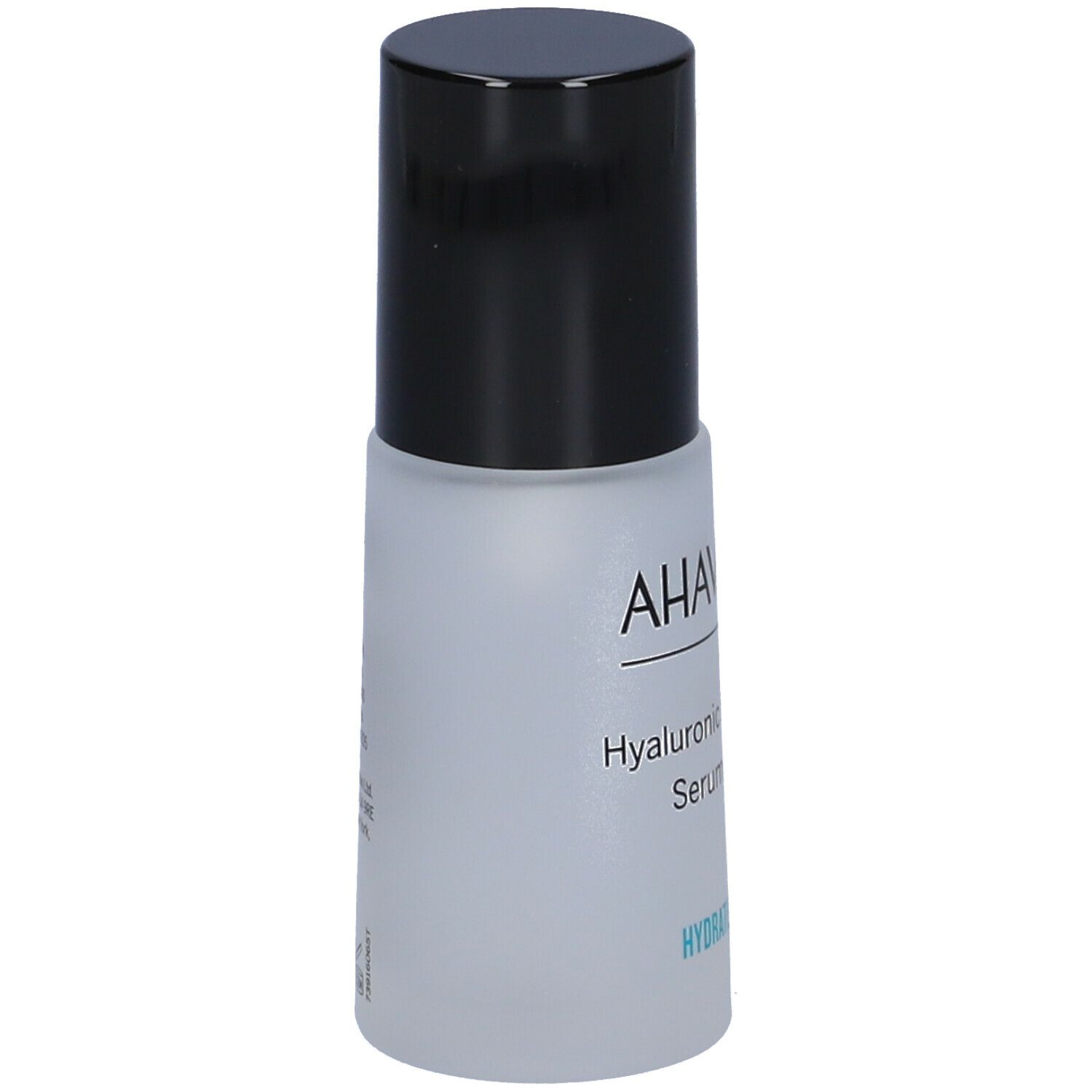 Flacone con tappo nero. Scritta: AHAVA Hyaluronic Acid Serum. Sottotitolo: HYDRATE.