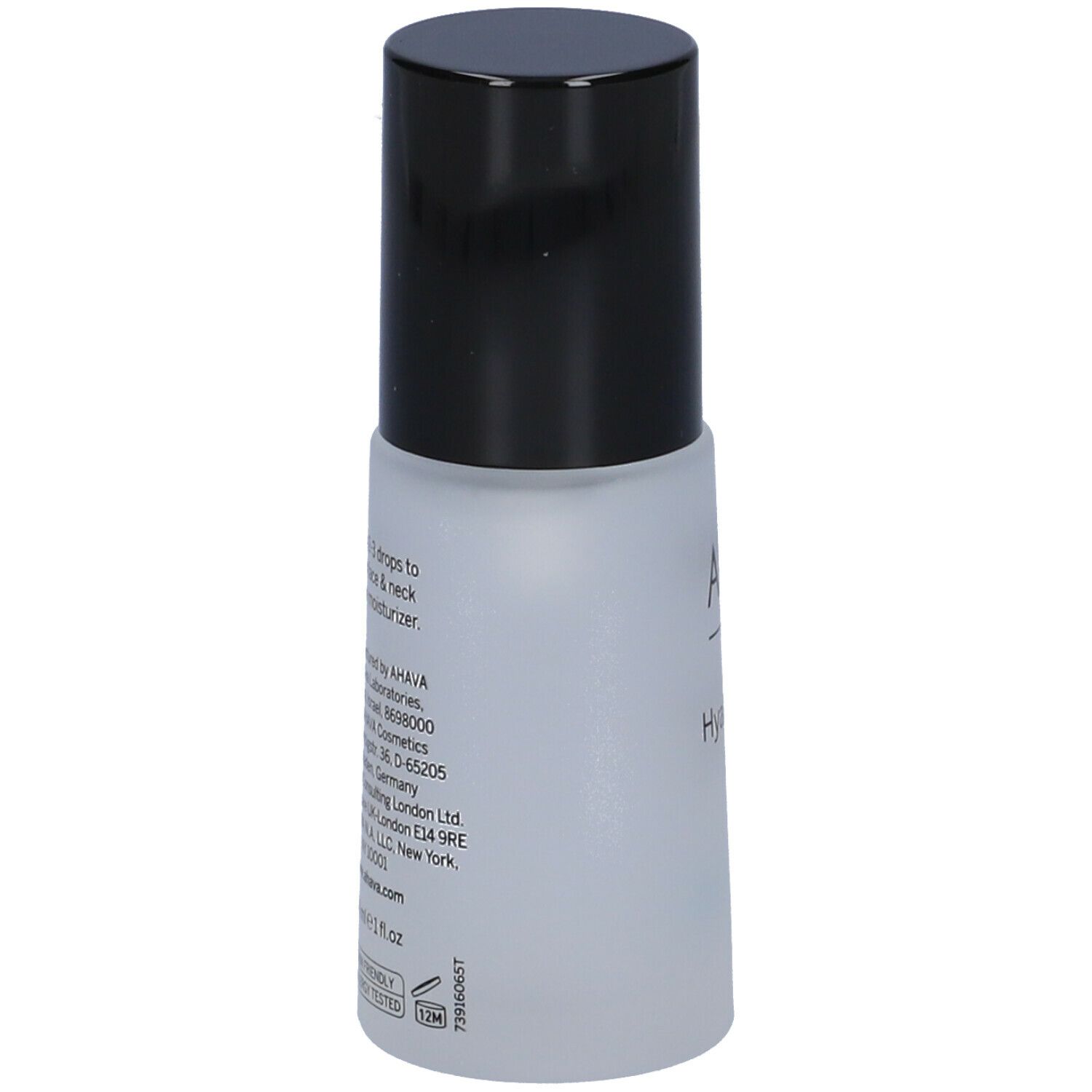 Flacone con tappo nero. Scritta: AHAVA Hyaluronic Acid Serum. Dettagli e testo sul flacone.