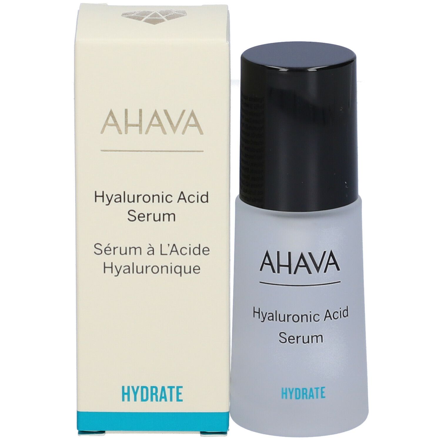Flacone e confezione del prodotto. Scritta: AHAVA Hyaluronic Acid Serum. Sottotitolo: HYDRATE. Confezione.