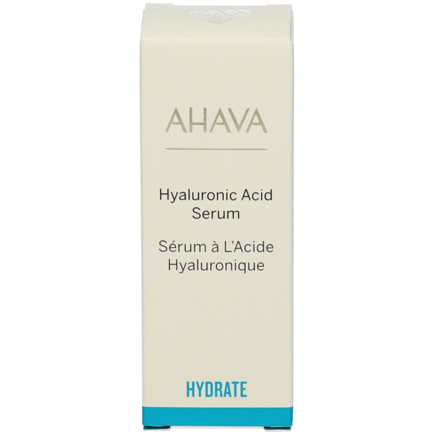 Confezione del prodotto. Scritta: AHAVA Hyaluronic Acid Serum. Sottotitolo: HYDRATE. Testo: Sérum à l'Acide Hyaluronique.
