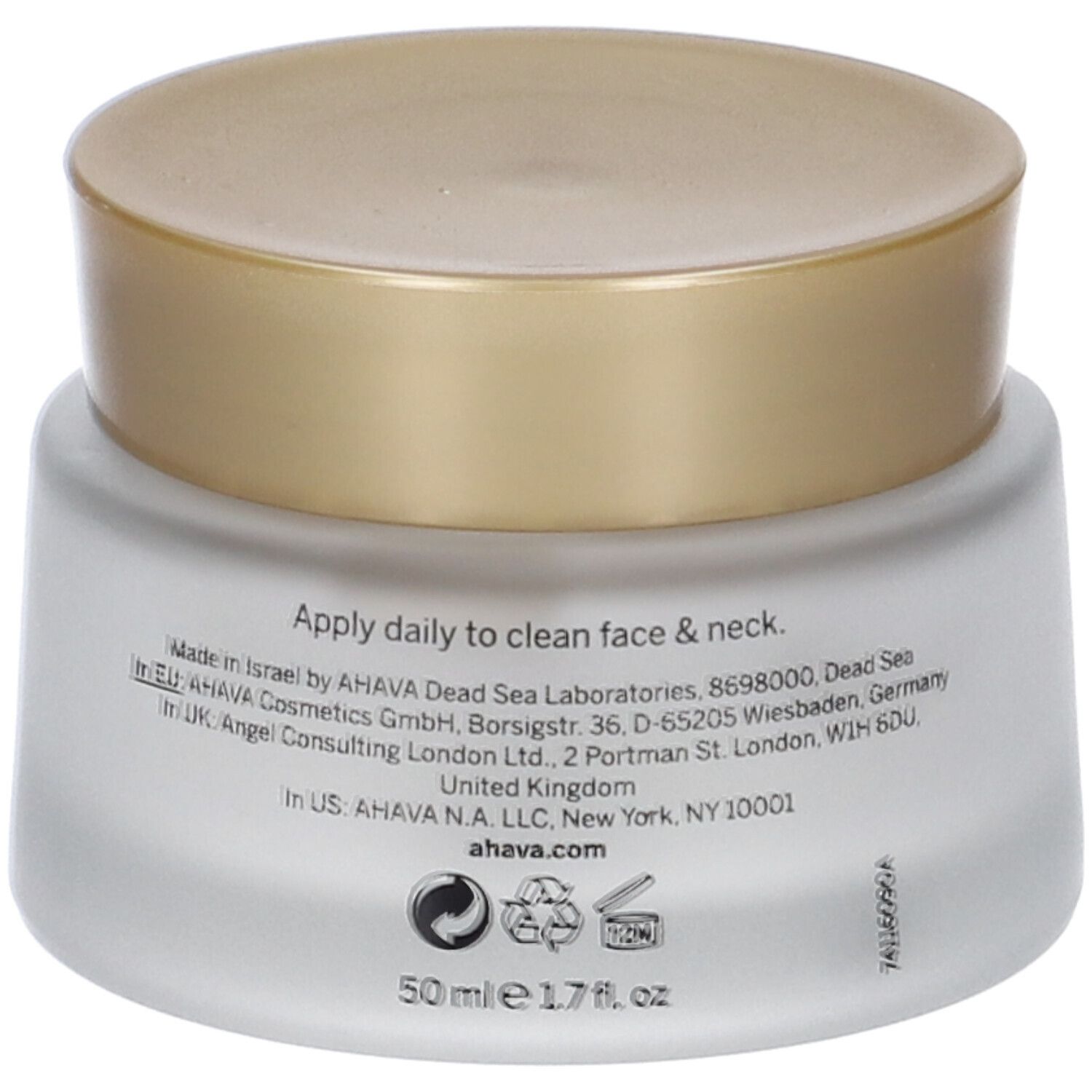 Rückseite des Creme-Tiegels. Text: Apply daily to clean face & neck. AHAVA.com. 50 ml e 1.7 fl. oz.