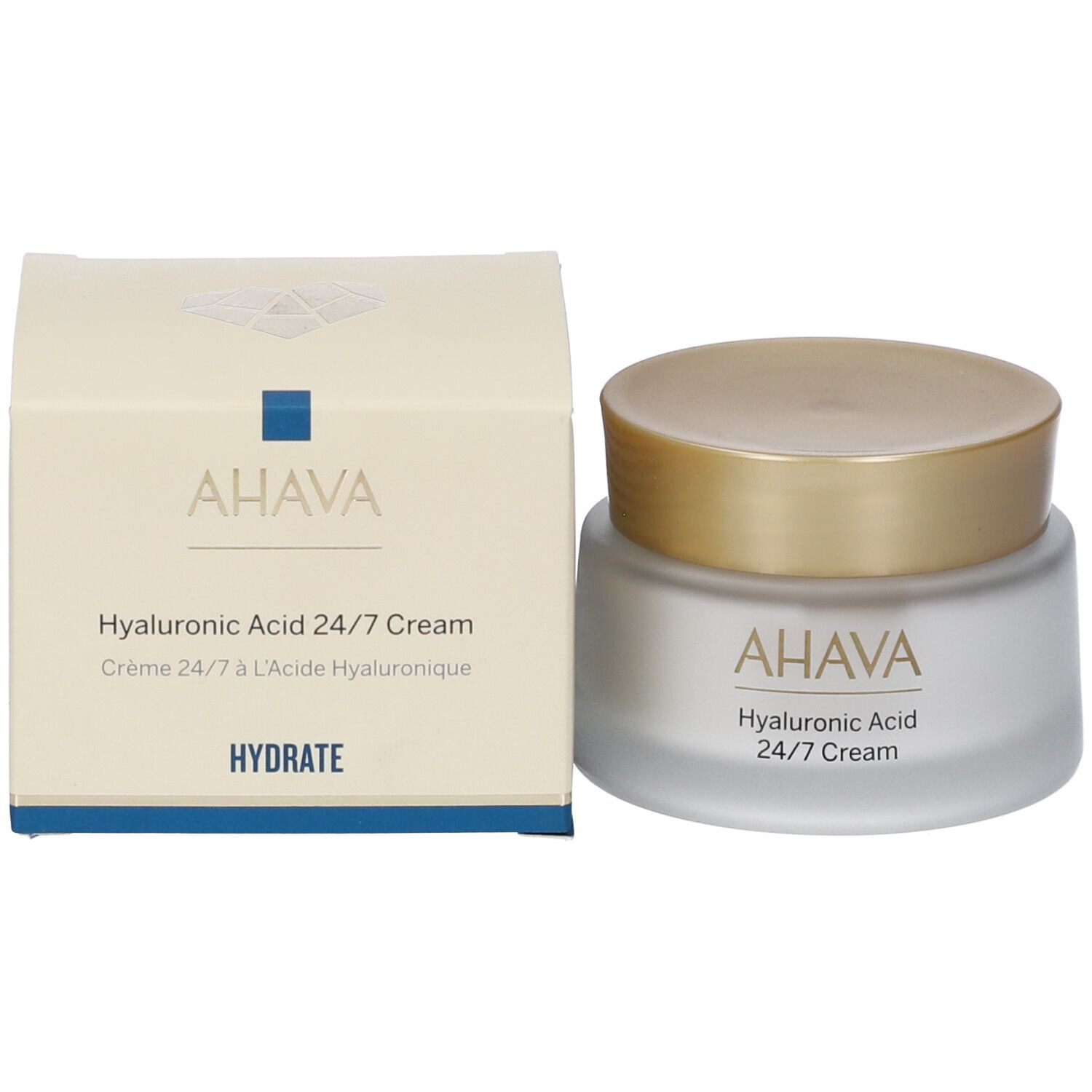 Creme-Tiegel und Schachtel. Auf der Schachtel steht AHAVA, Hyaluronic Acid 24/7 Cream. Hydrate.