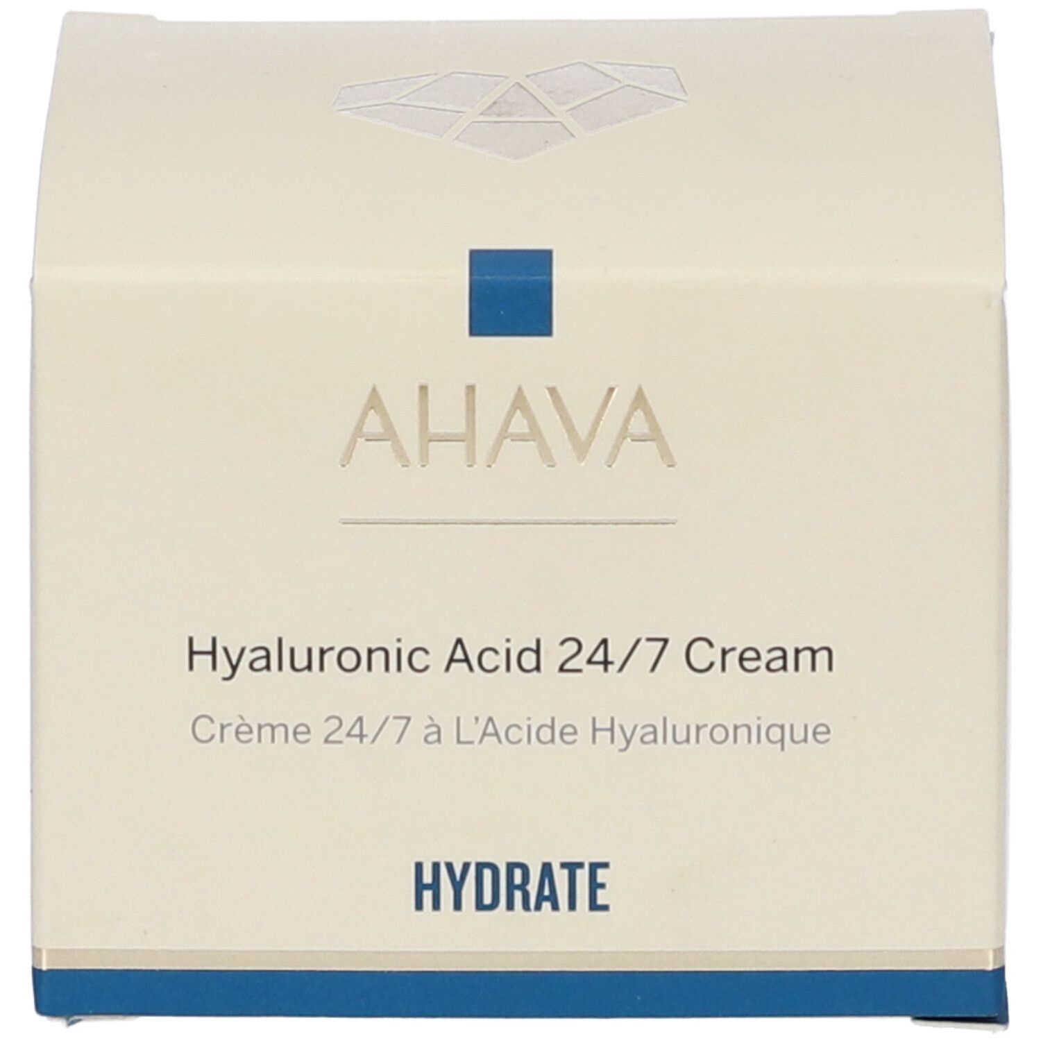 Vorderseite der Schachtel. AHAVA, Hyaluronic Acid 24/7 Cream. Crème 24/7 à l'Acide Hyaluronique. Hydrate.