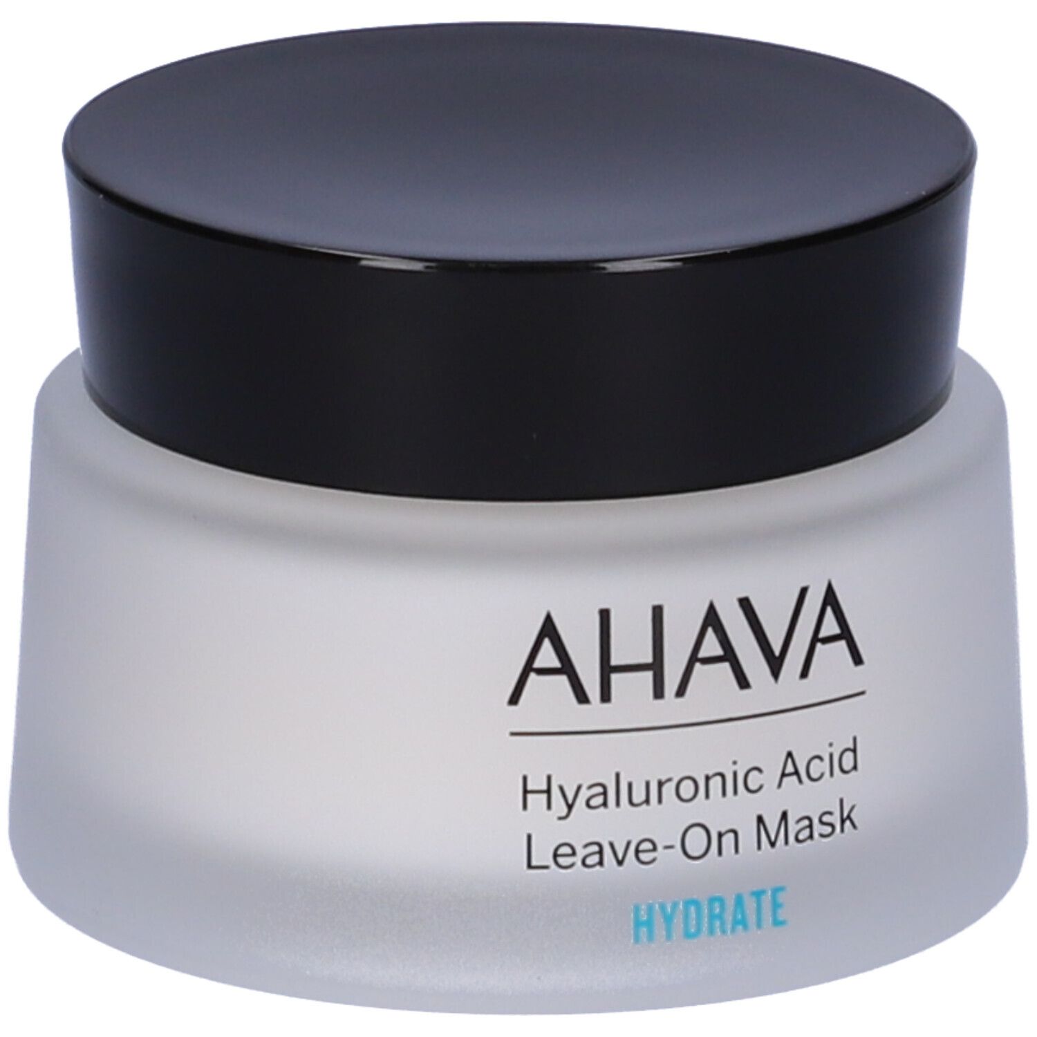 AHAVA Hyaluronsäure Leave-On Maske. Weißes Glas mit schwarzem Deckel. Produktname und Marke sind deutlich sichtbar.