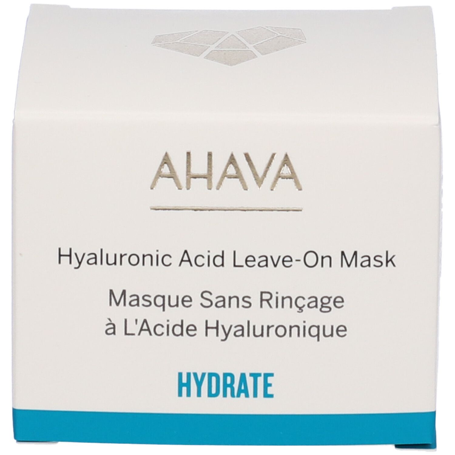 AHAVA Hyaluronsäure Leave-On Maske. Weiße Verpackung mit Produktnamen und Marke. Blaue Akzente.
