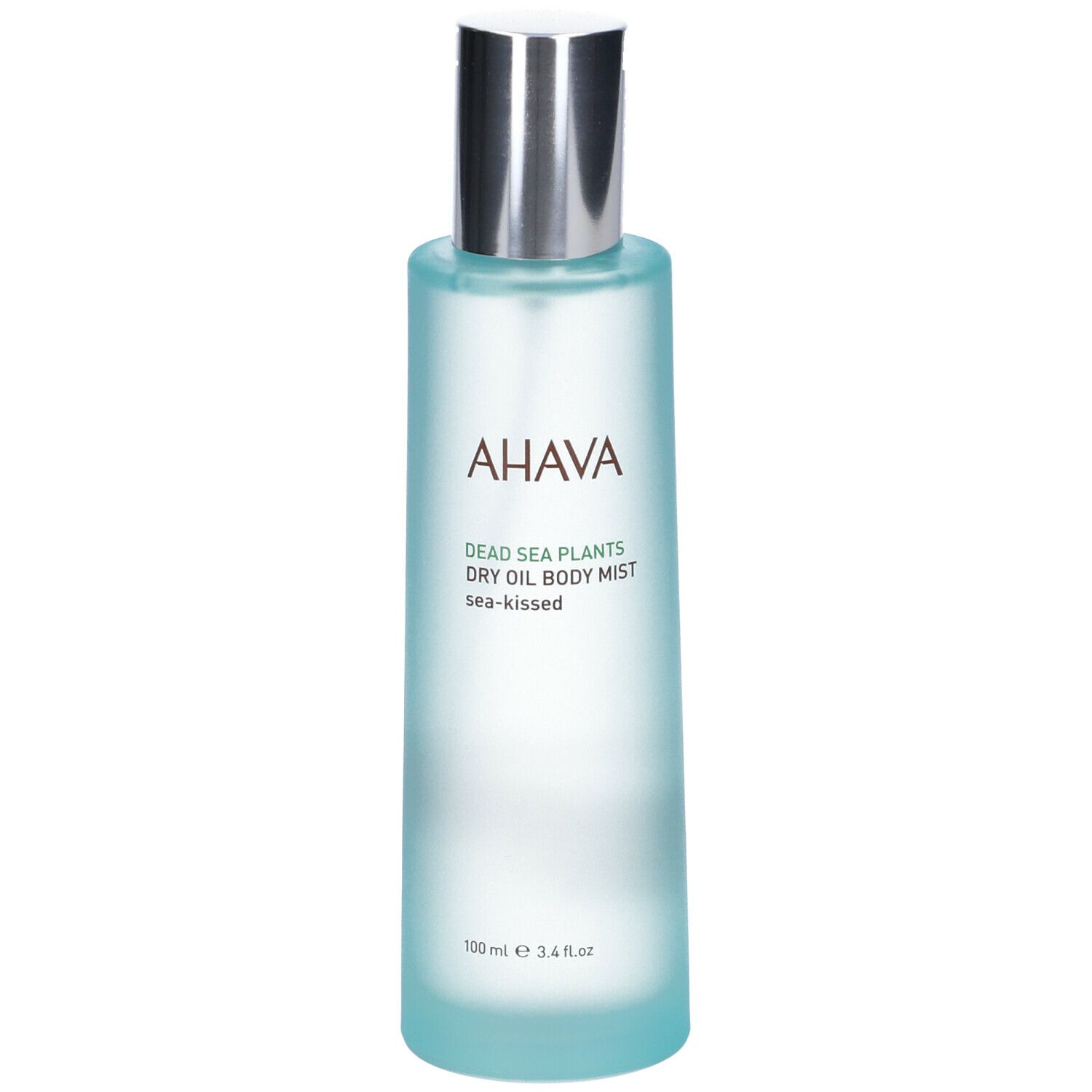 AHAVA Olio Secco per il Corpo. Flacone azzurro chiaro con erogatore argentato. Scritta AHAVA e nome del prodotto.