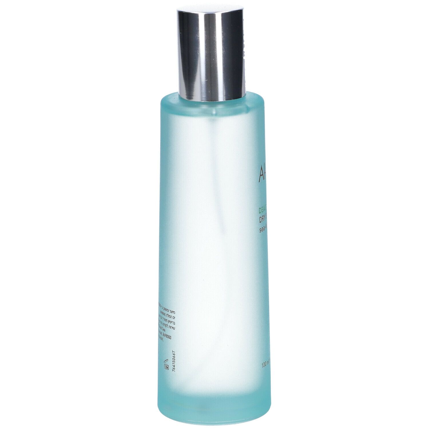 AHAVA Olio Secco per il Corpo. Vista posteriore del flacone azzurro chiaro con erogatore argentato. Informazioni sul prodotto stampate.