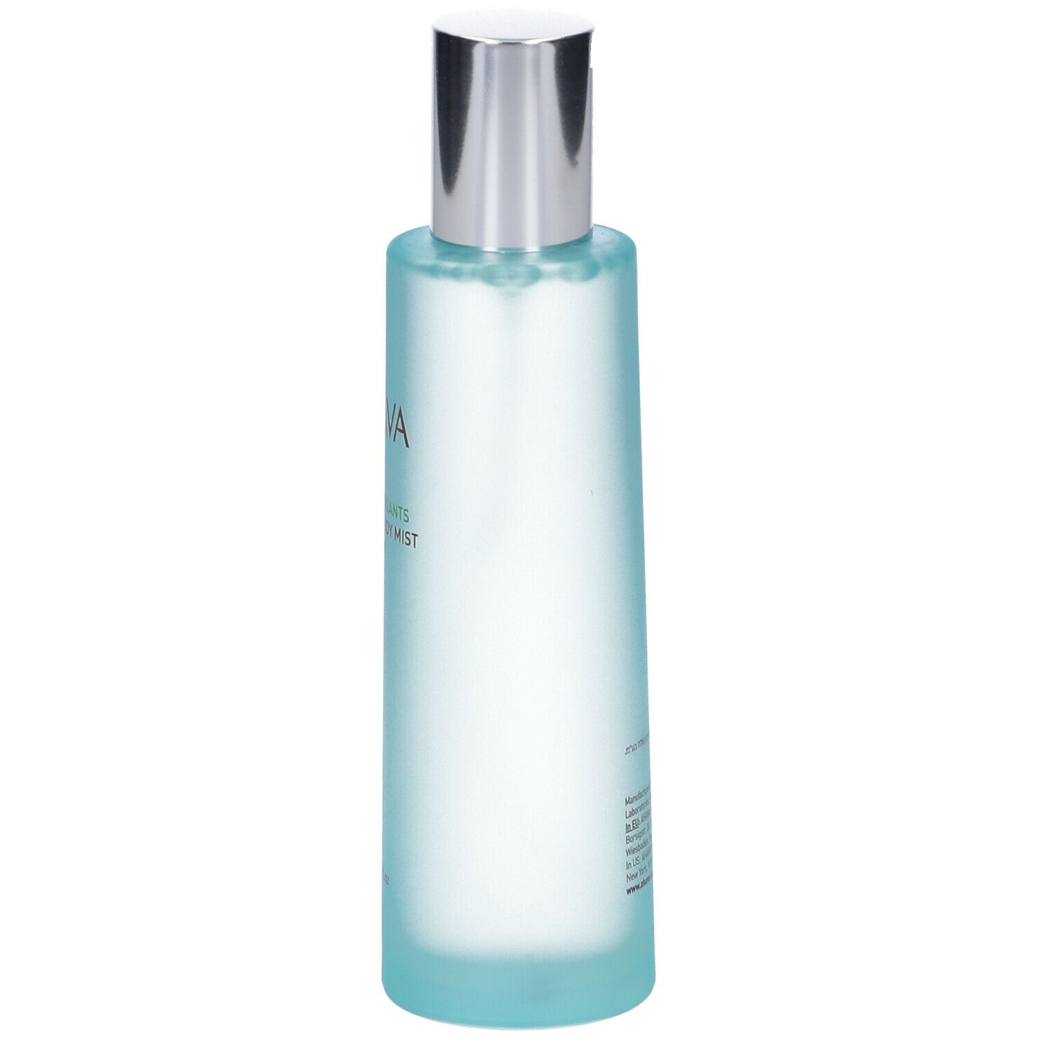 AHAVA Olio Secco per il Corpo. Vista posteriore del flacone azzurro chiaro con erogatore argentato. Informazioni sul prodotto stampate.