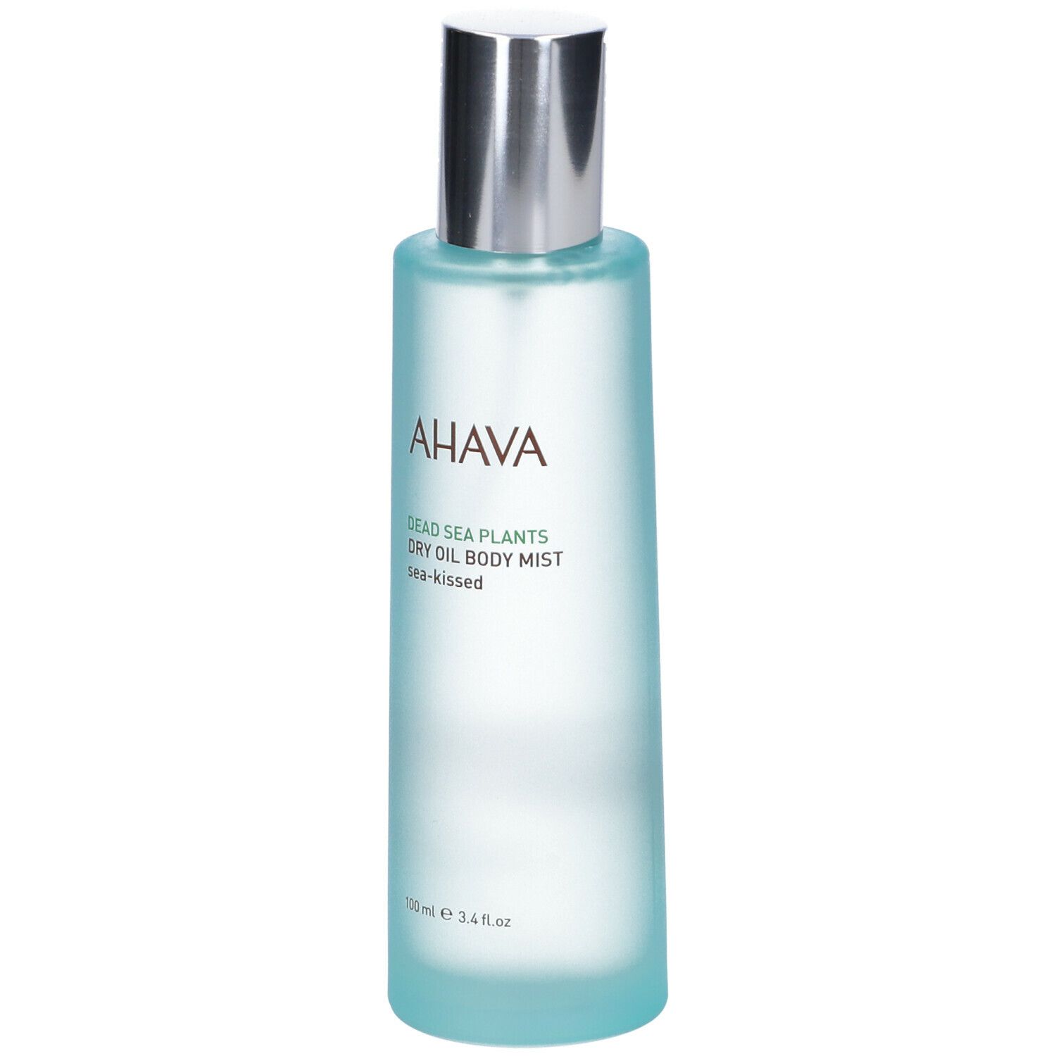 AHAVA Olio Secco per il Corpo. Flacone azzurro chiaro con erogatore argentato. Scritta AHAVA e nome del prodotto.