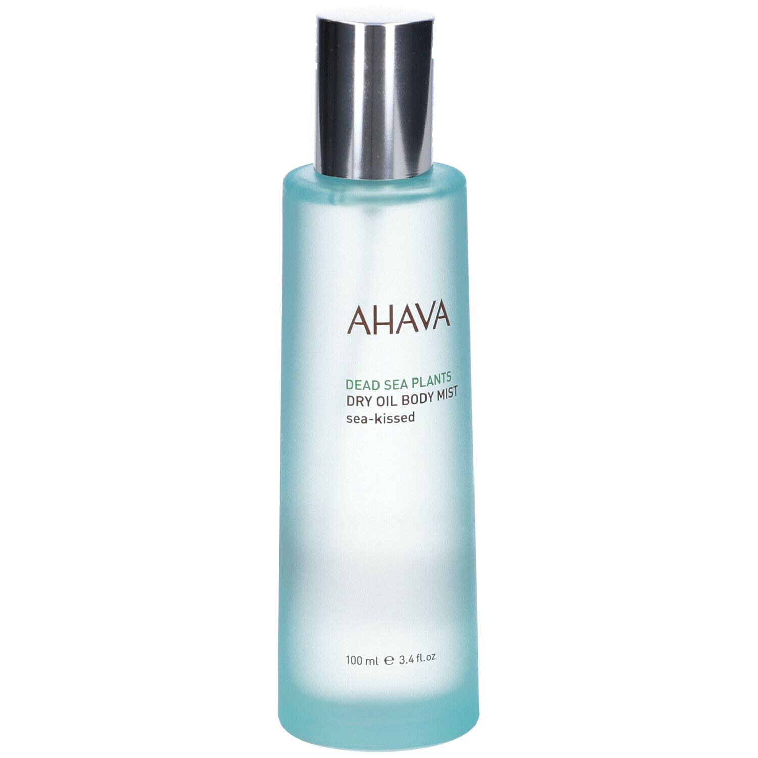 AHAVA Olio Secco per il Corpo. Flacone azzurro chiaro con erogatore argentato. Scritta AHAVA e nome del prodotto.