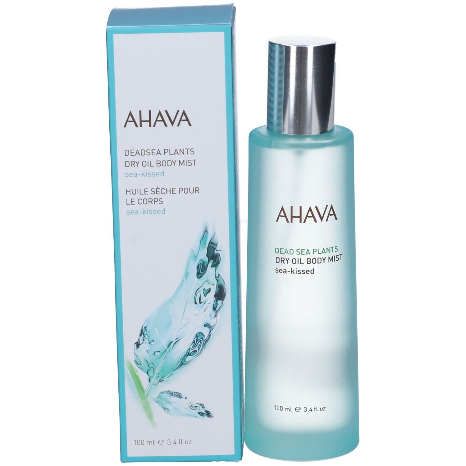 AHAVA Olio Secco per il Corpo e confezione. Flacone azzurro chiaro e confezione rettangolare. Scritta AHAVA e nome del prodotto.
