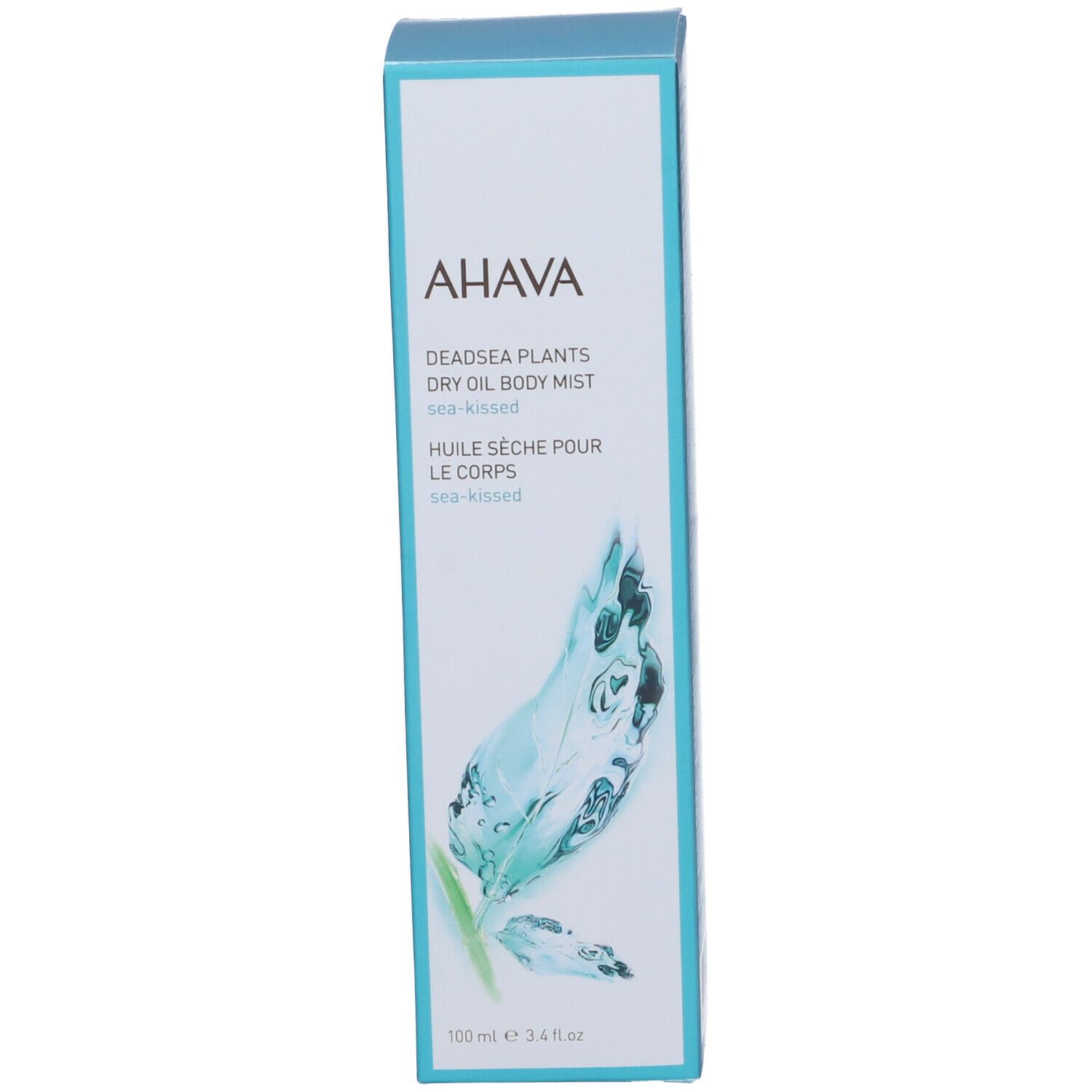 Confezione AHAVA Olio Secco per il Corpo. Confezione rettangolare con scritta AHAVA e nome del prodotto. Blu e bianco.