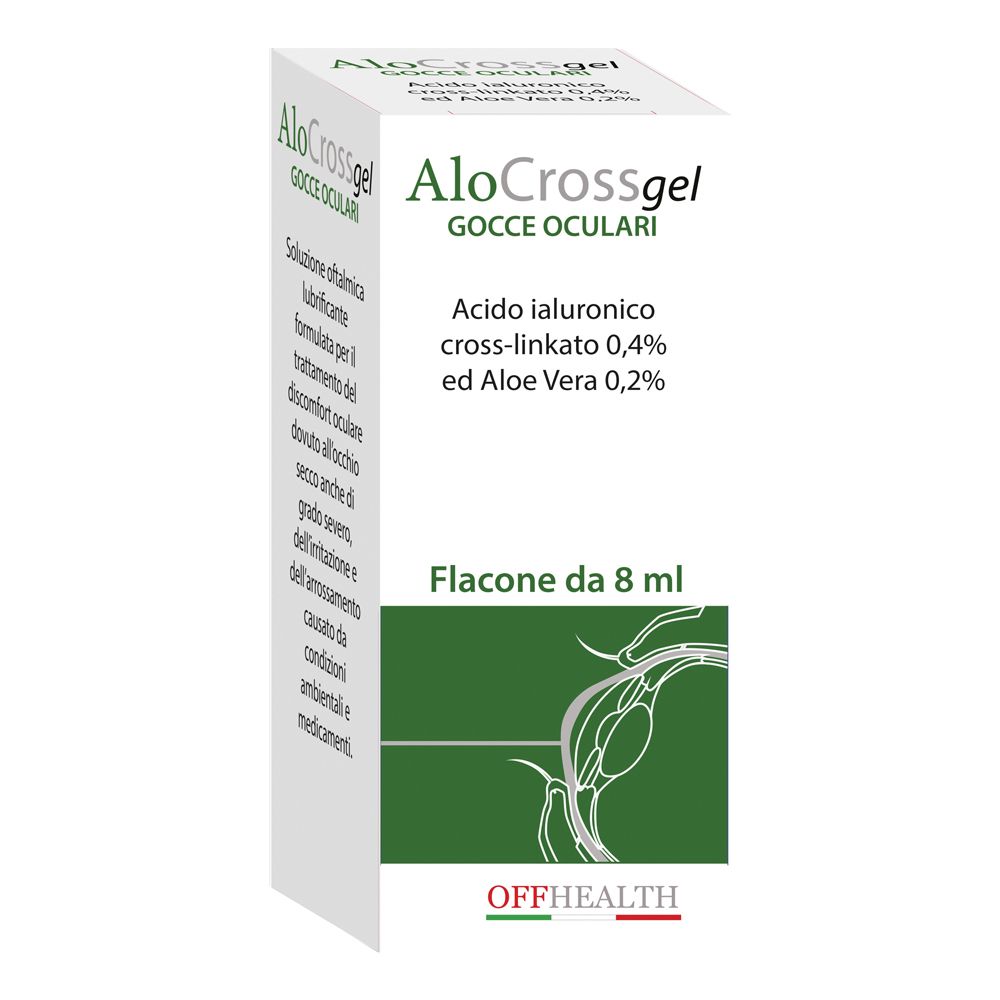 Confezione bianca con nome del prodotto e ingredienti. Flacone di gocce oculari, 8 ml.