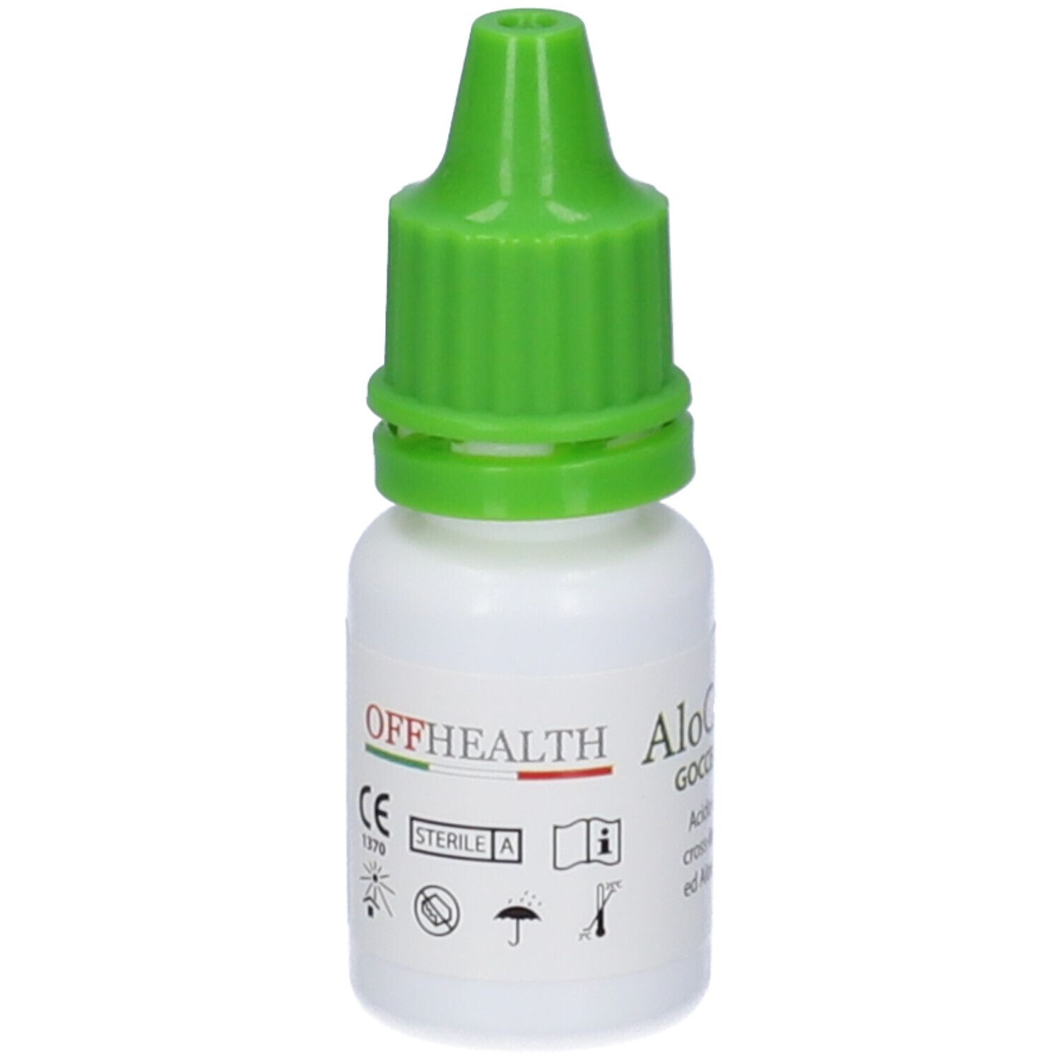 Piccolo flacone bianco con tappo verde. Nome del prodotto e ingredienti stampati.