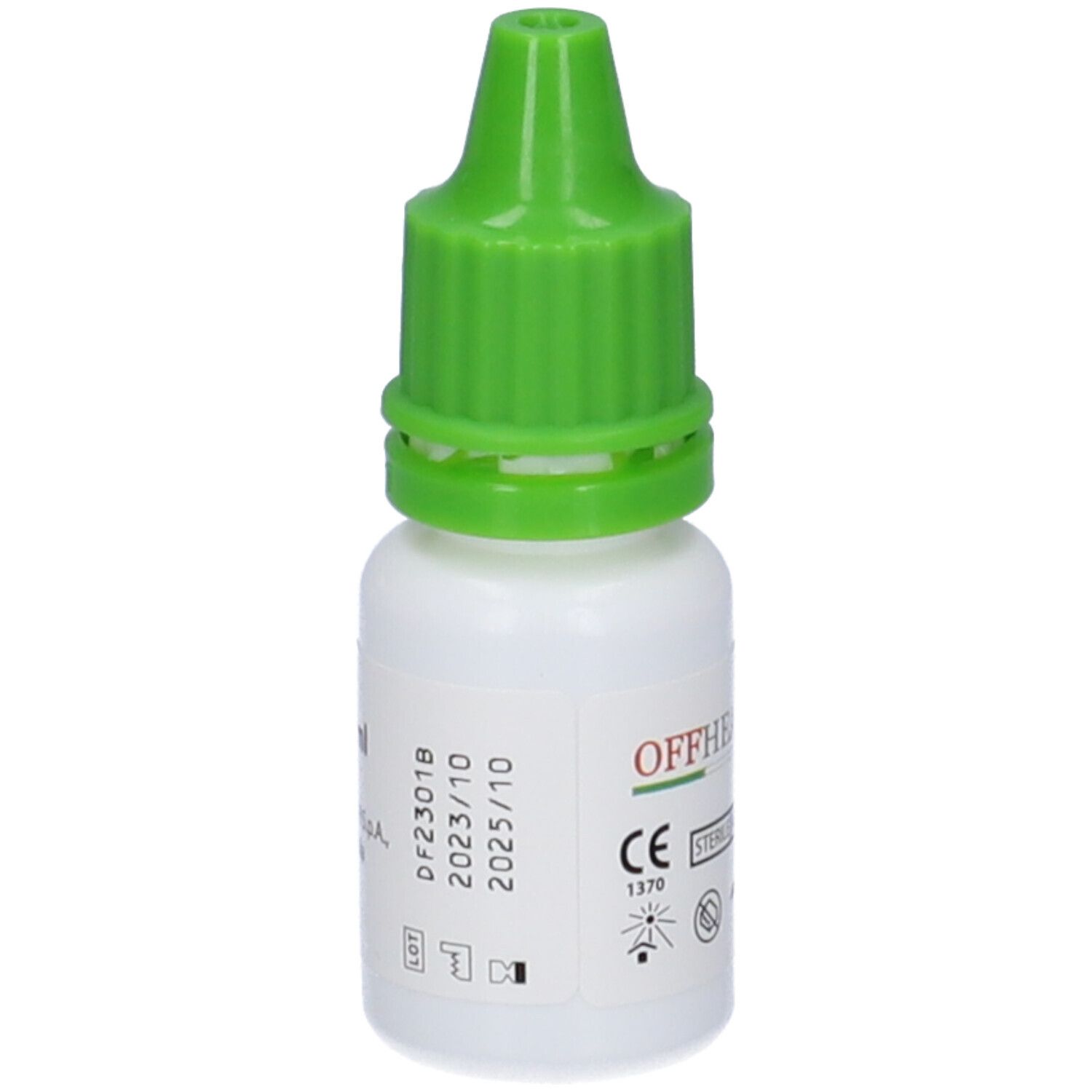 Piccolo flacone bianco con tappo verde. Nome del prodotto e ingredienti stampati.