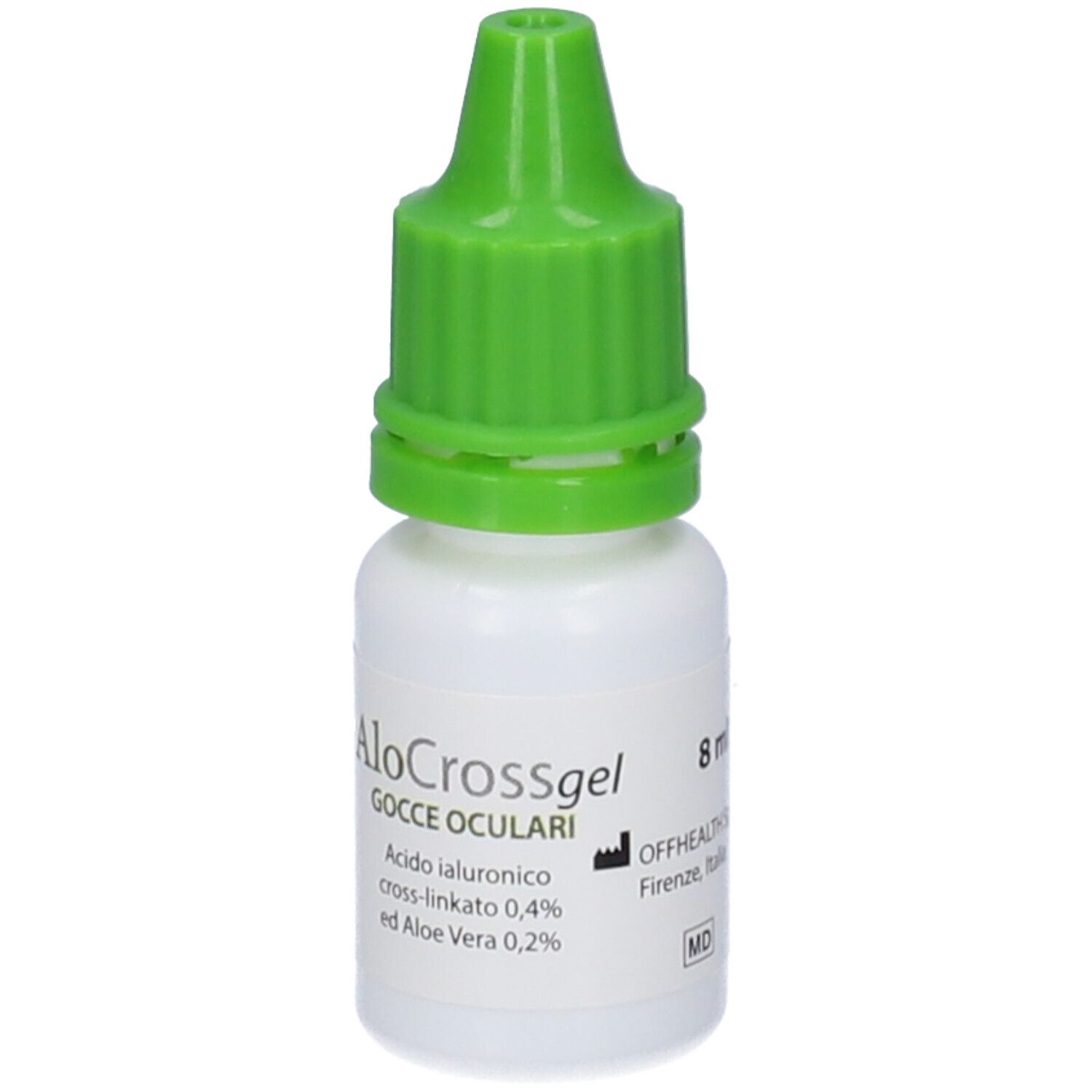 Piccolo flacone bianco con tappo verde. Nome del prodotto e ingredienti stampati.