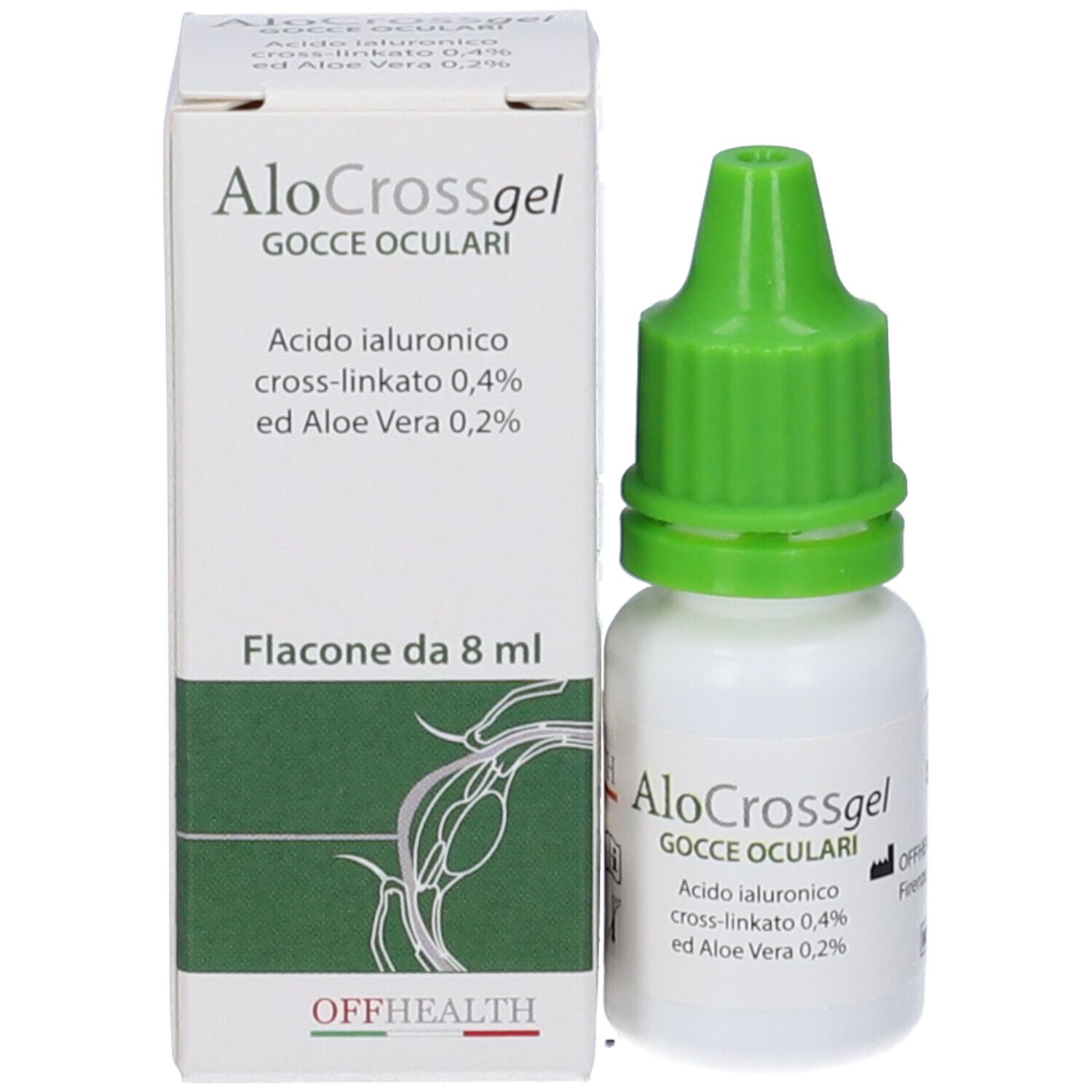 Confezione del prodotto e flacone con tappo verde. Nome del prodotto e ingredienti stampati.