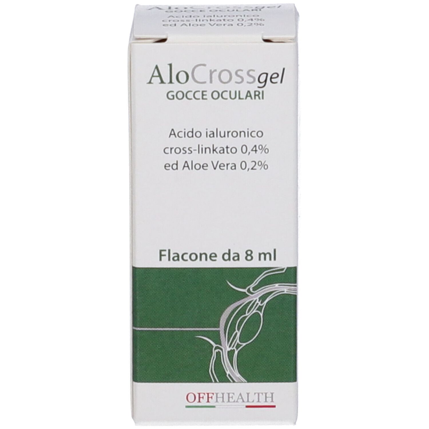 Confezione bianca con nome del prodotto e ingredienti. Flacone di gocce oculari.