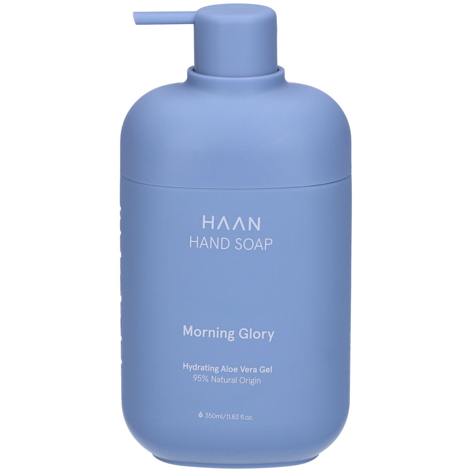 Flacone di sapone per le mani blu chiaro con dosatore. HAAN Hand Soap, Morning Glory, Hydrating Aloe Vera Gel. 350ml.