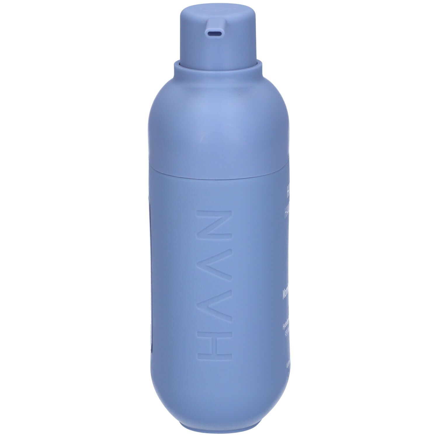 Sapone per le mani blu chiaro, forma cilindrica. Logo HAAN. Testo sul retro.