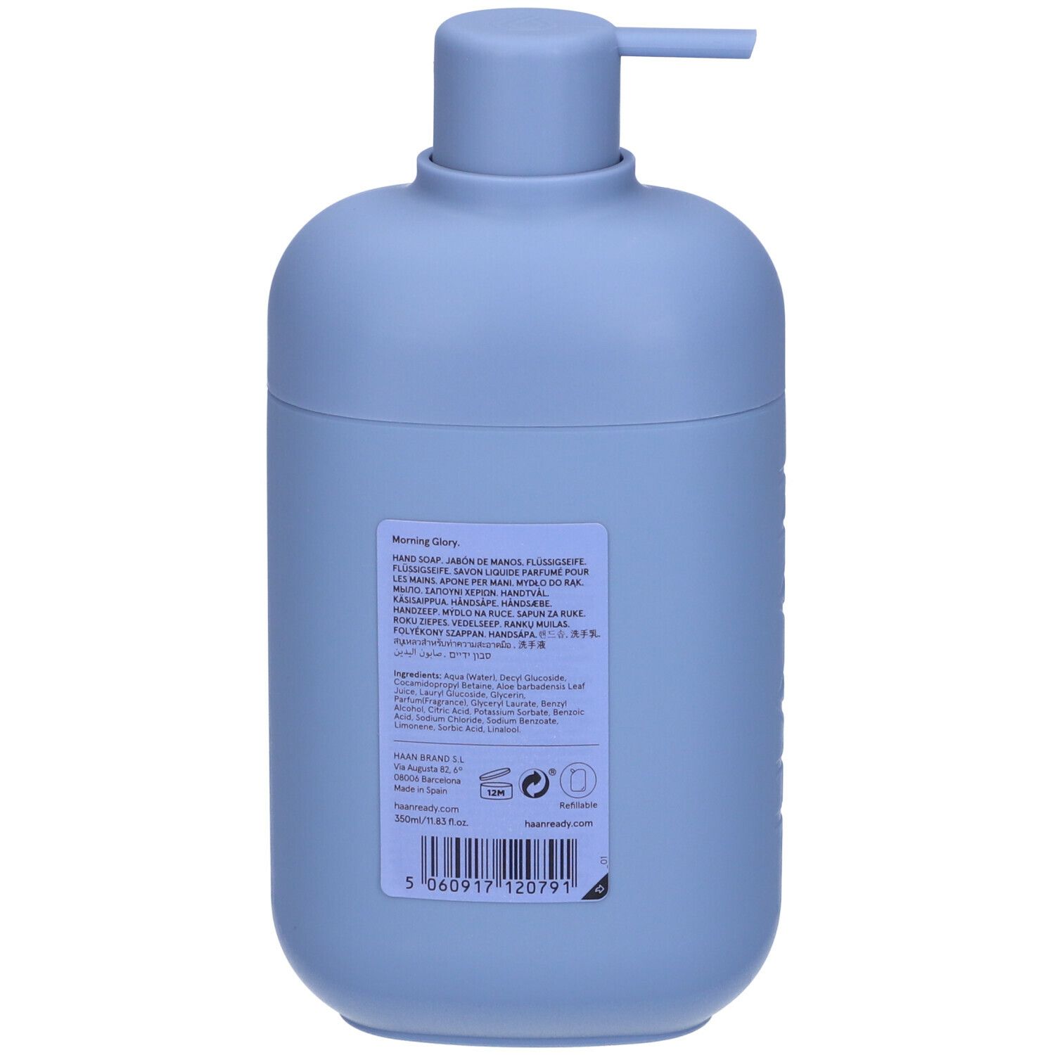 Sapone per le mani blu chiaro. Retro con testo: ingredienti, marchio, volume, origine. 350ml.