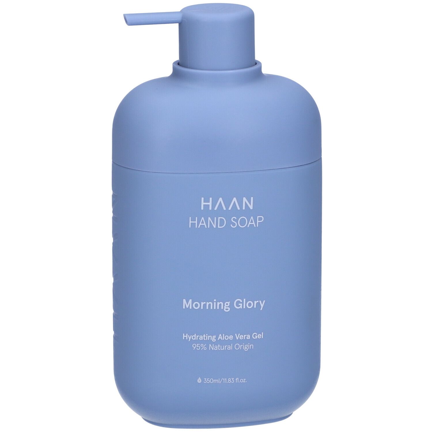 Flacone di sapone per le mani blu chiaro con dosatore. HAAN Hand Soap, Morning Glory, Hydrating Aloe Vera Gel. 350ml.