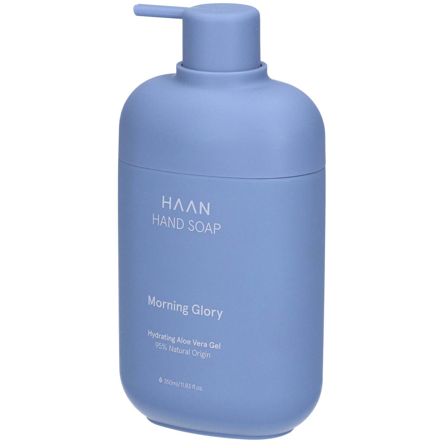 Flacone di sapone per le mani blu chiaro con dosatore. HAAN Hand Soap, Morning Glory, Hydrating Aloe Vera Gel. 350ml.
