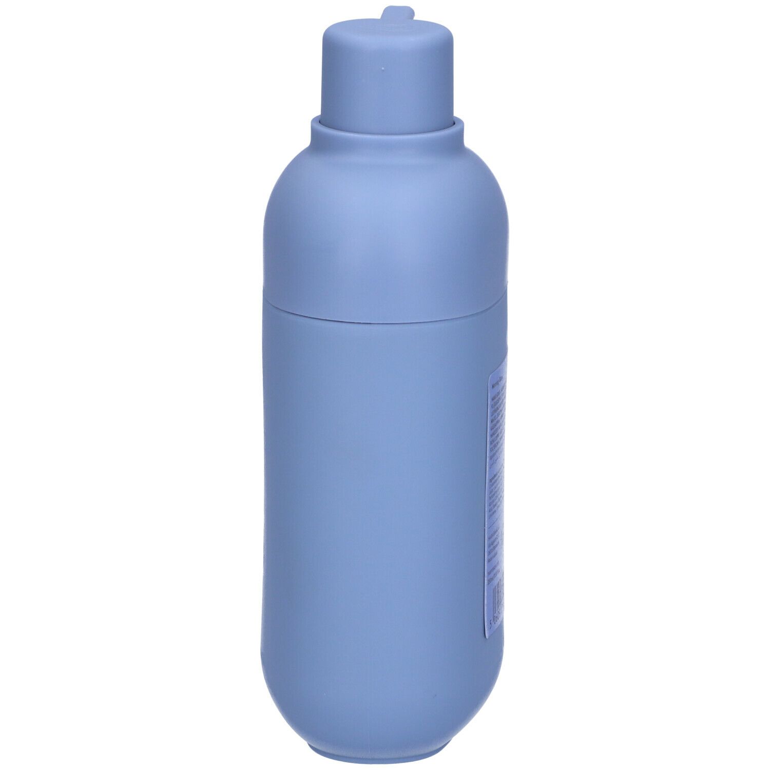 Sapone per le mani blu chiaro, forma cilindrica. Logo HAAN. Testo sul retro.