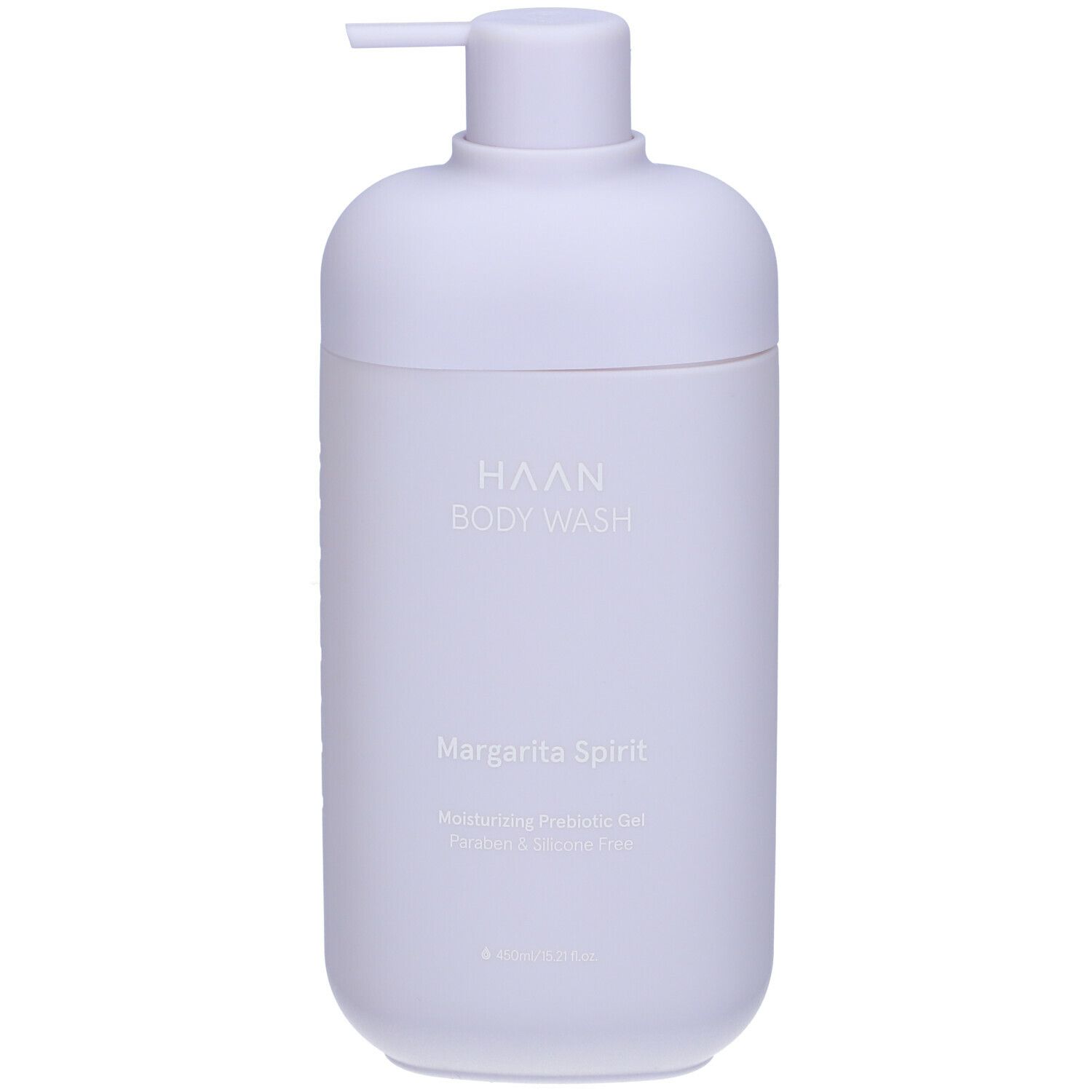 Flacone di bagnoschiuma lilla chiaro con dosatore a pompa. Scritta: HAAN BODY WASH, Margarita Spirit.