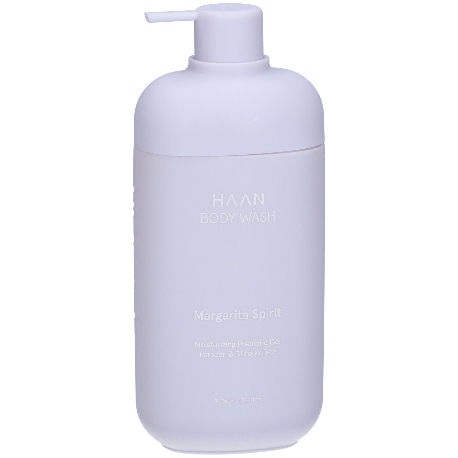 Flacone di bagnoschiuma lilla chiaro con dosatore a pompa. Scritta: HAAN BODY WASH, Margarita Spirit.