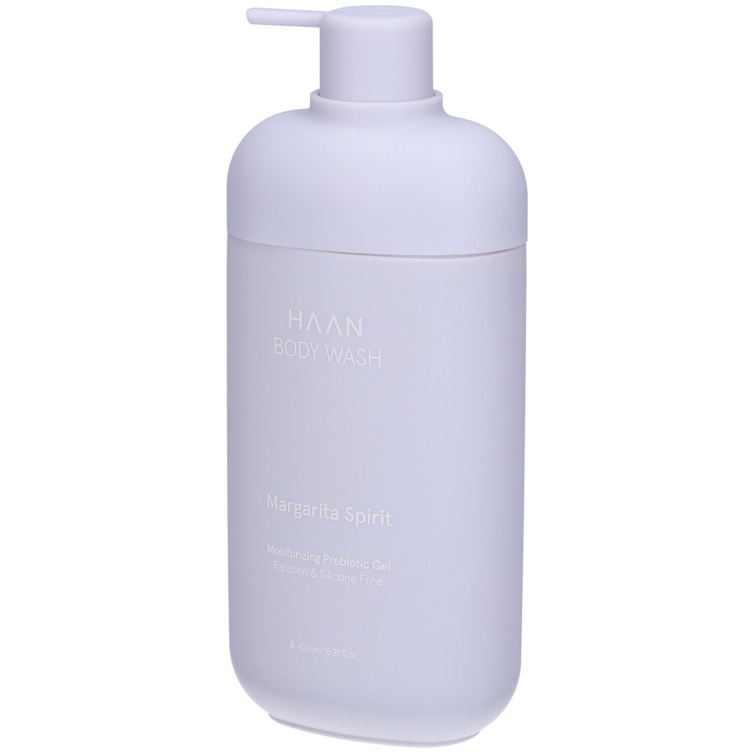 Flacone di bagnoschiuma lilla chiaro con dosatore a pompa. Scritta: HAAN BODY WASH, Margarita Spirit.